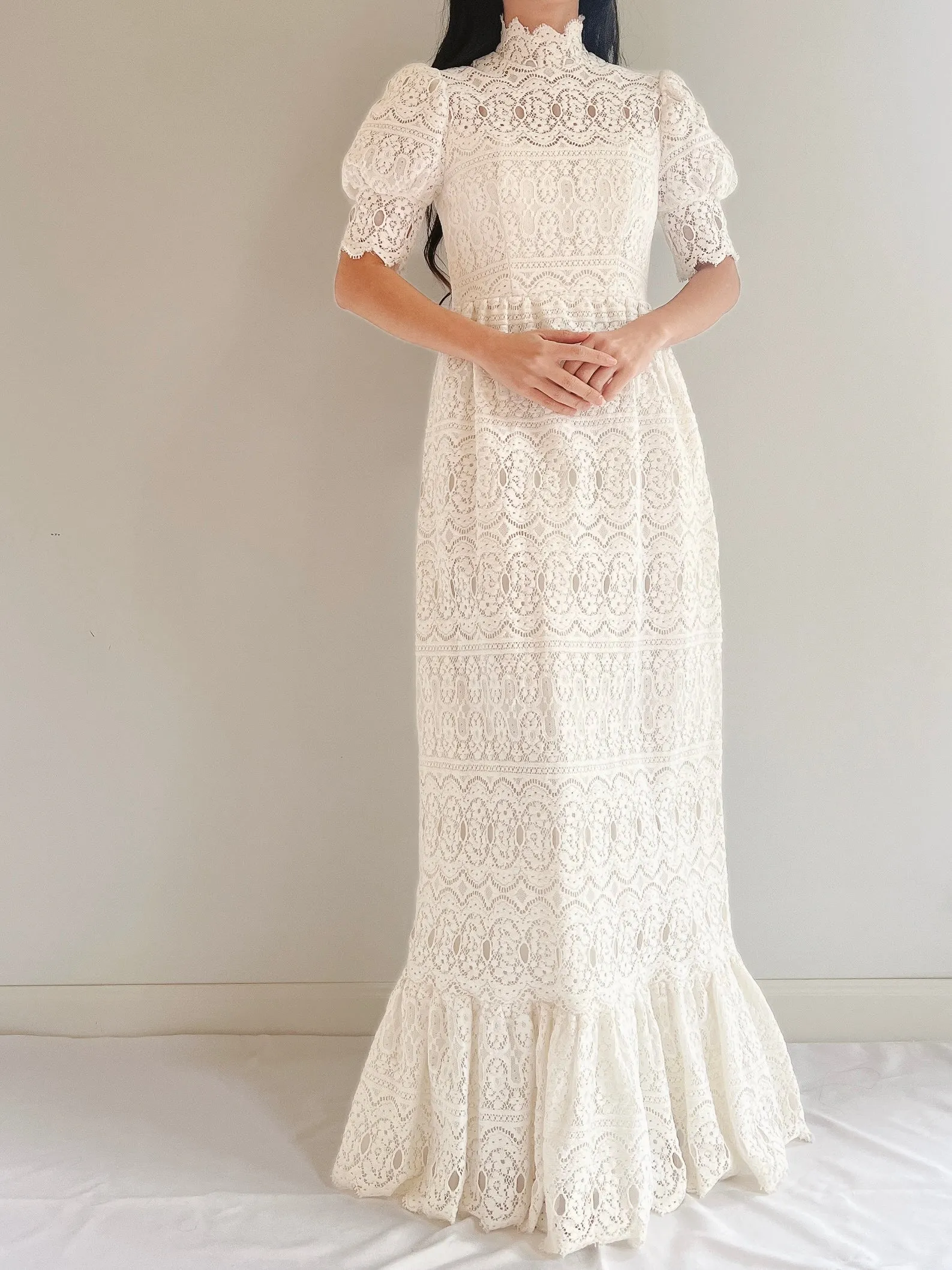 Vintage Puff Sleeve Lace Dress - XS
