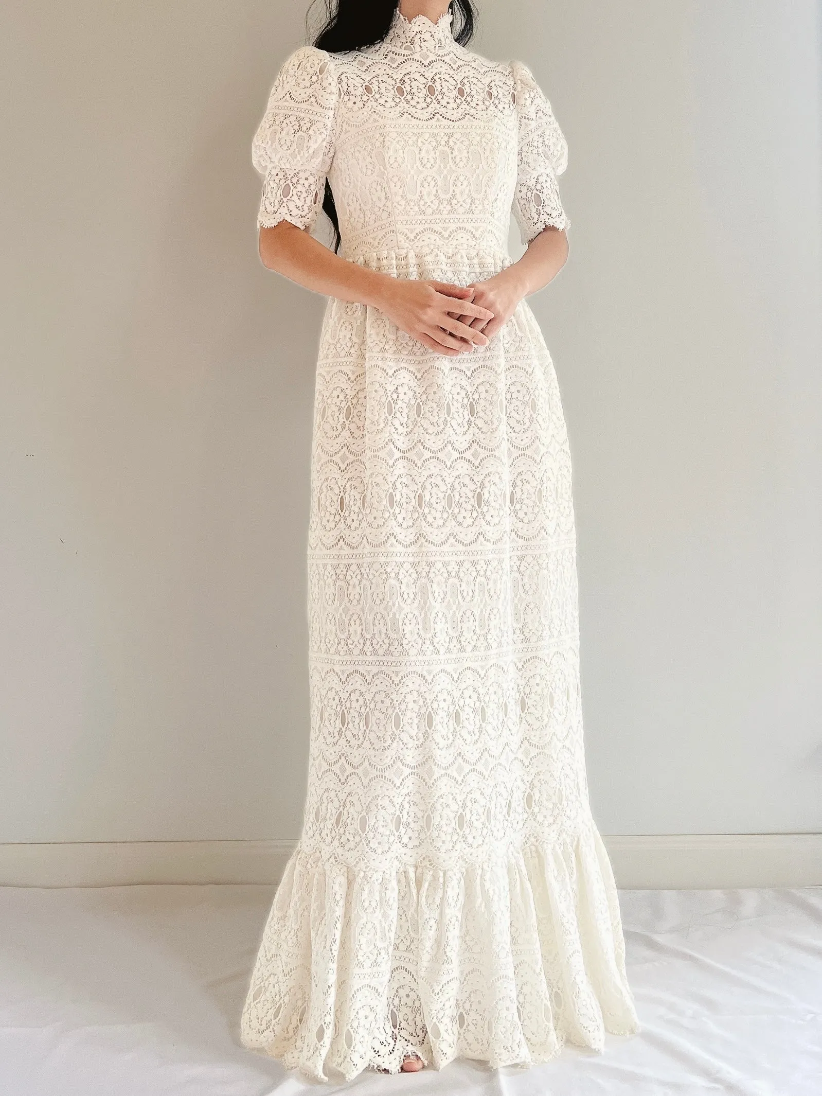 Vintage Puff Sleeve Lace Dress - XS