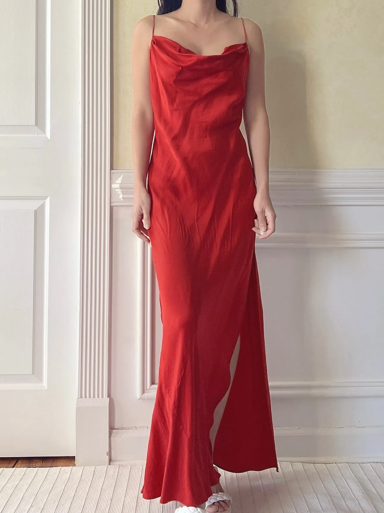 Vintage Red Silk Cowl Slip - M
