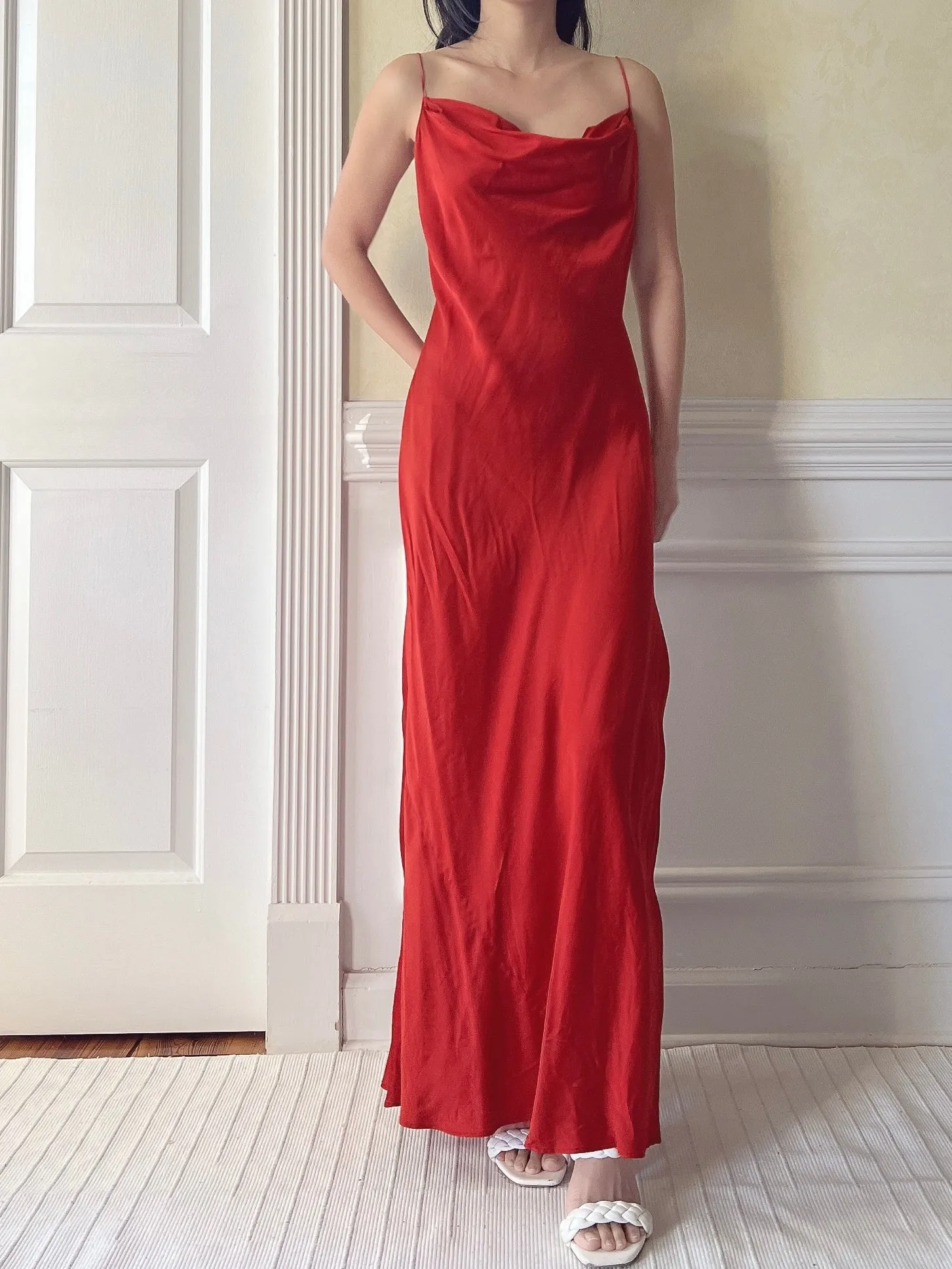Vintage Red Silk Cowl Slip - M