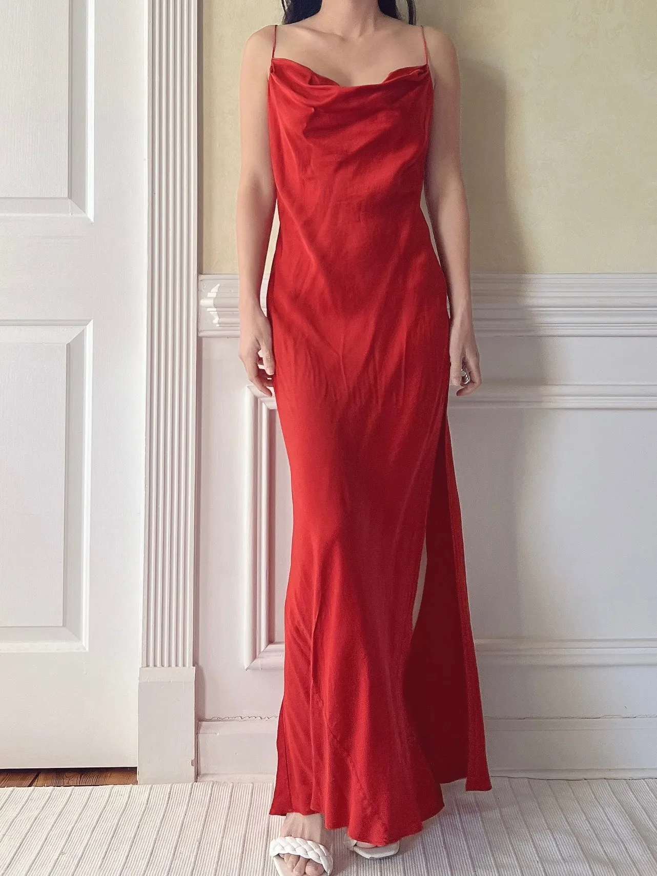 Vintage Red Silk Cowl Slip - M