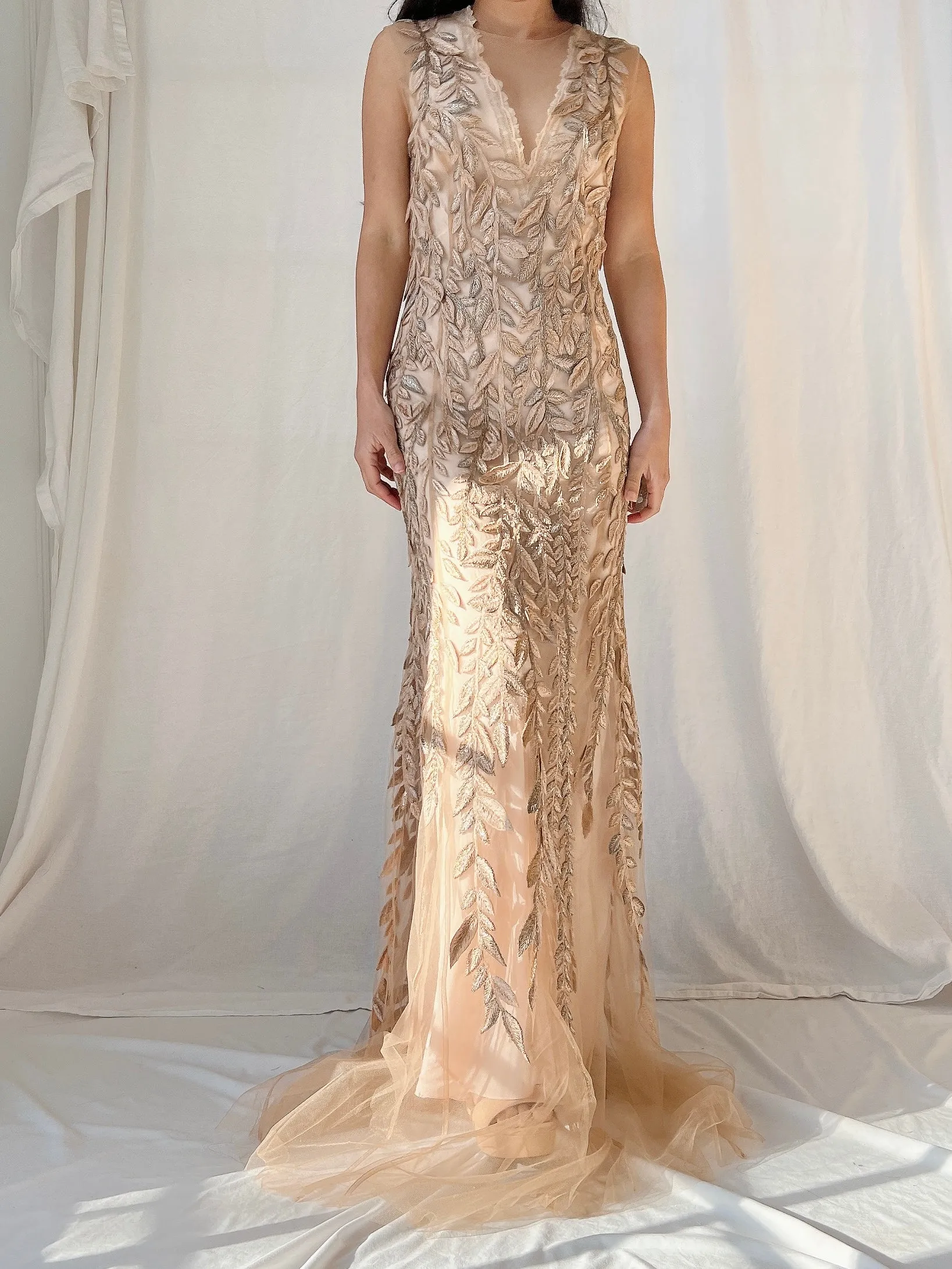 Vintage Sheer Leaf Applique Dress - S/4