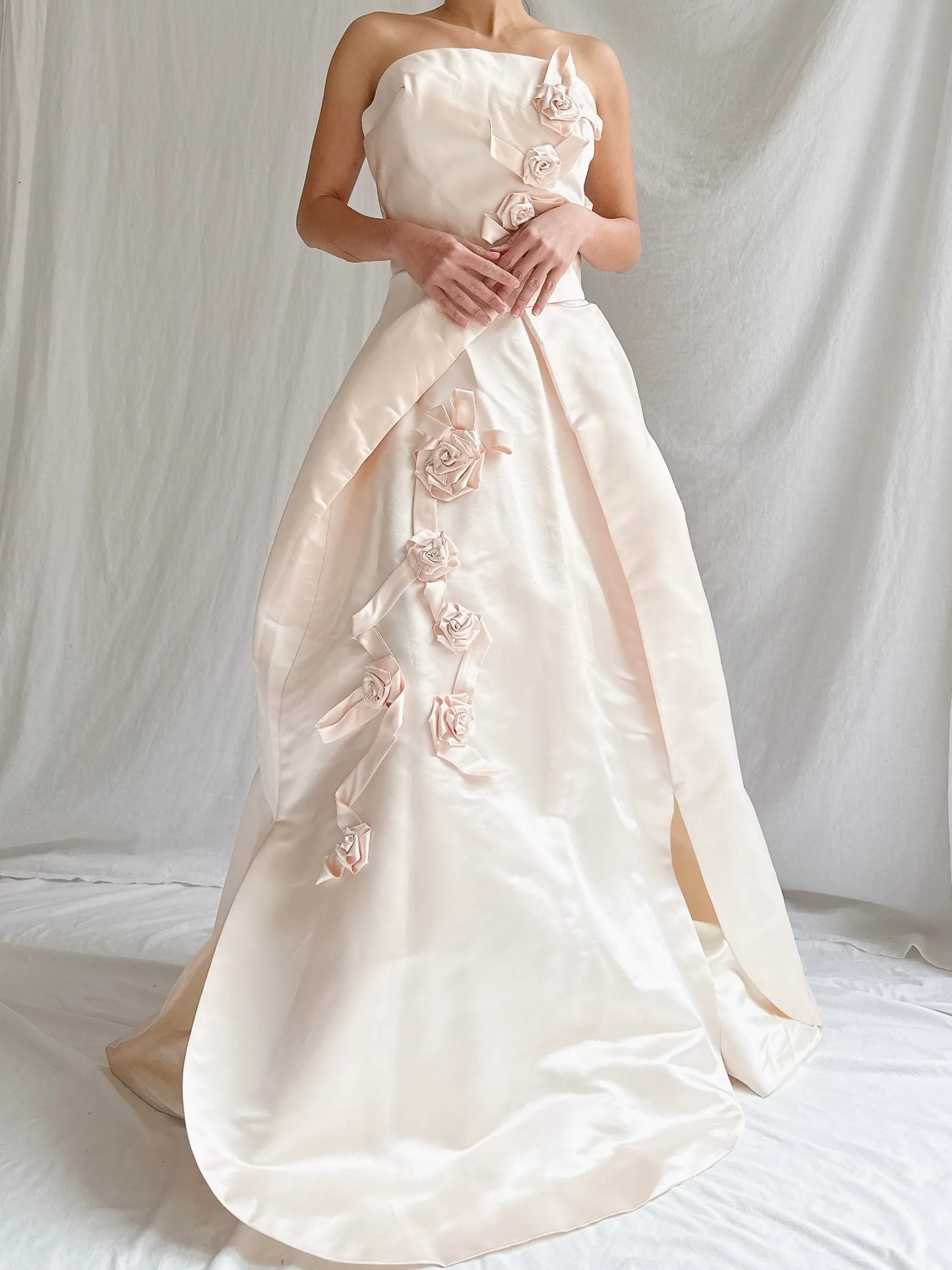 Vintage Shell Pink Silk Duchesse Satin Strapless Gown - S/4/6