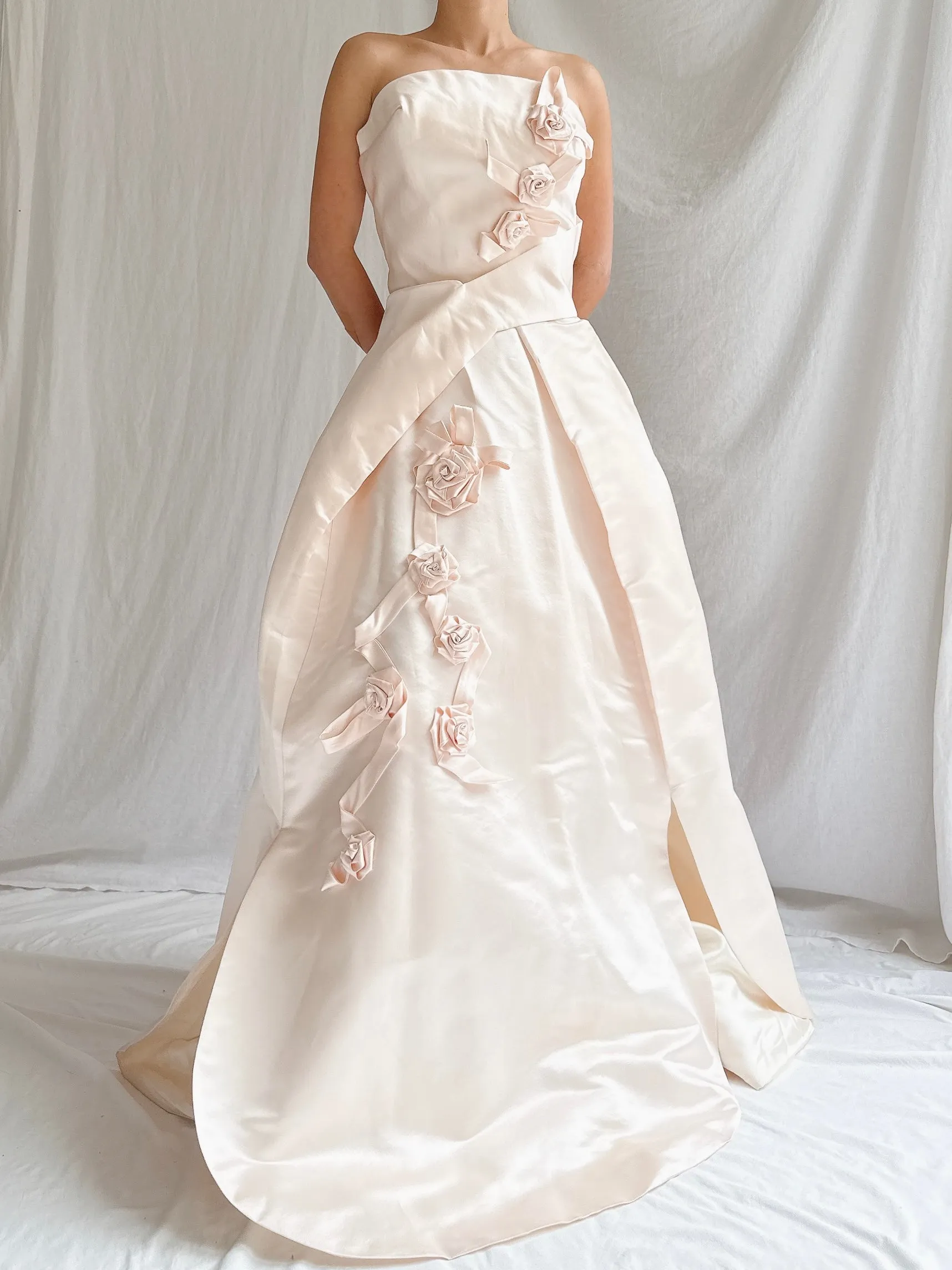 Vintage Shell Pink Silk Duchesse Satin Strapless Gown - S/4/6