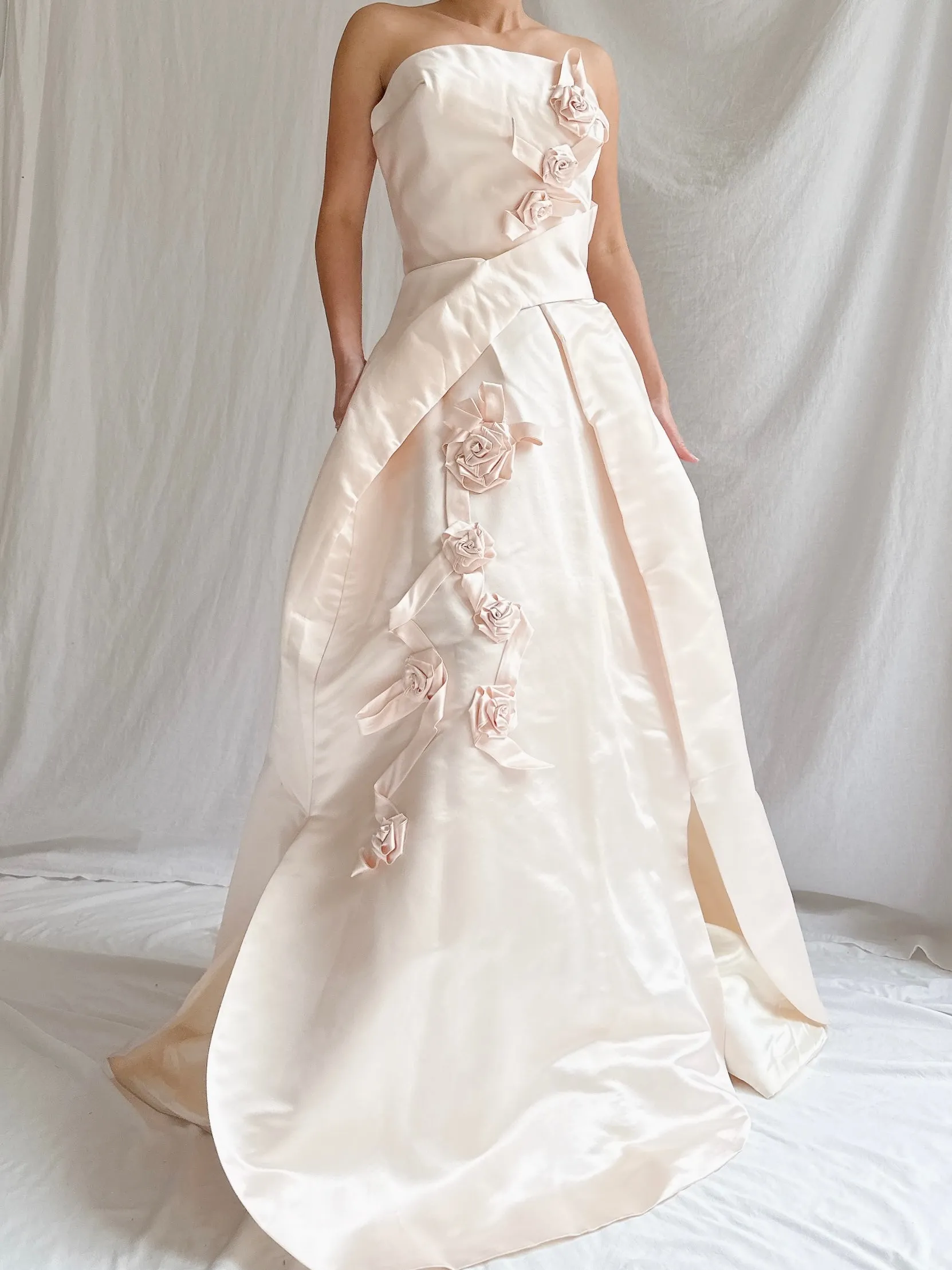 Vintage Shell Pink Silk Duchesse Satin Strapless Gown - S/4/6