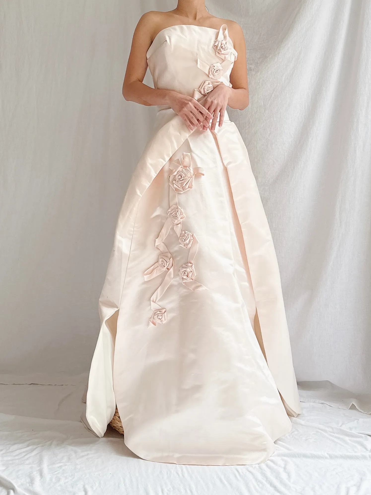 Vintage Shell Pink Silk Duchesse Satin Strapless Gown - S/4/6