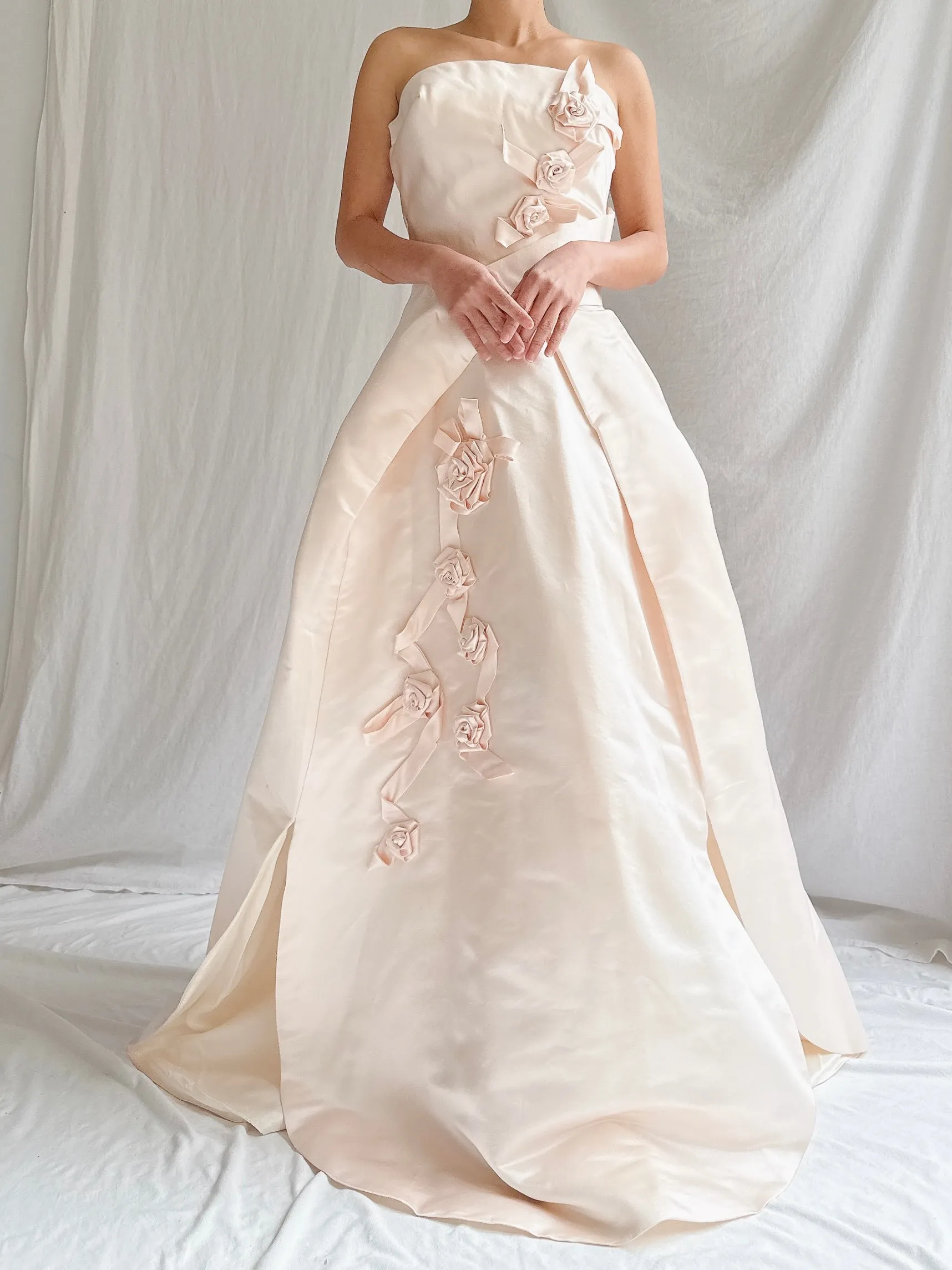 Vintage Shell Pink Silk Duchesse Satin Strapless Gown - S/4/6
