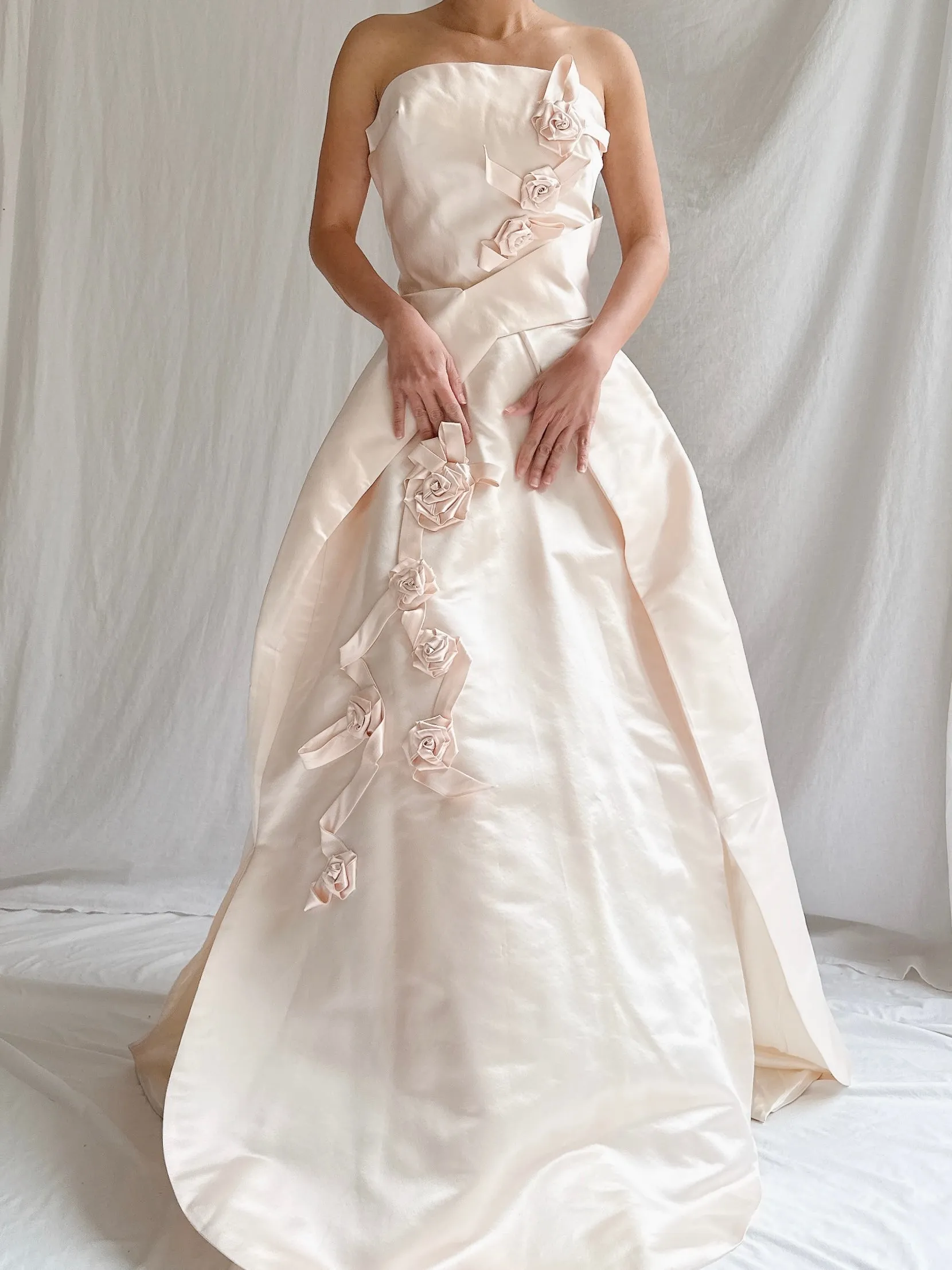 Vintage Shell Pink Silk Duchesse Satin Strapless Gown - S/4/6