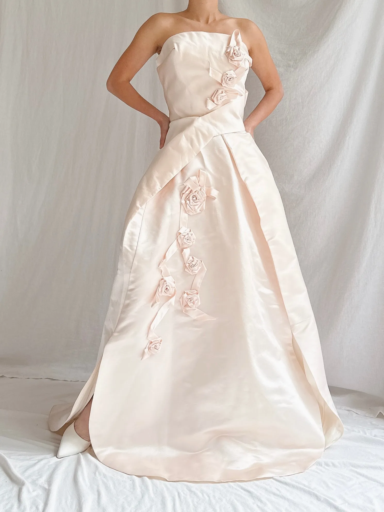 Vintage Shell Pink Silk Duchesse Satin Strapless Gown - S/4/6