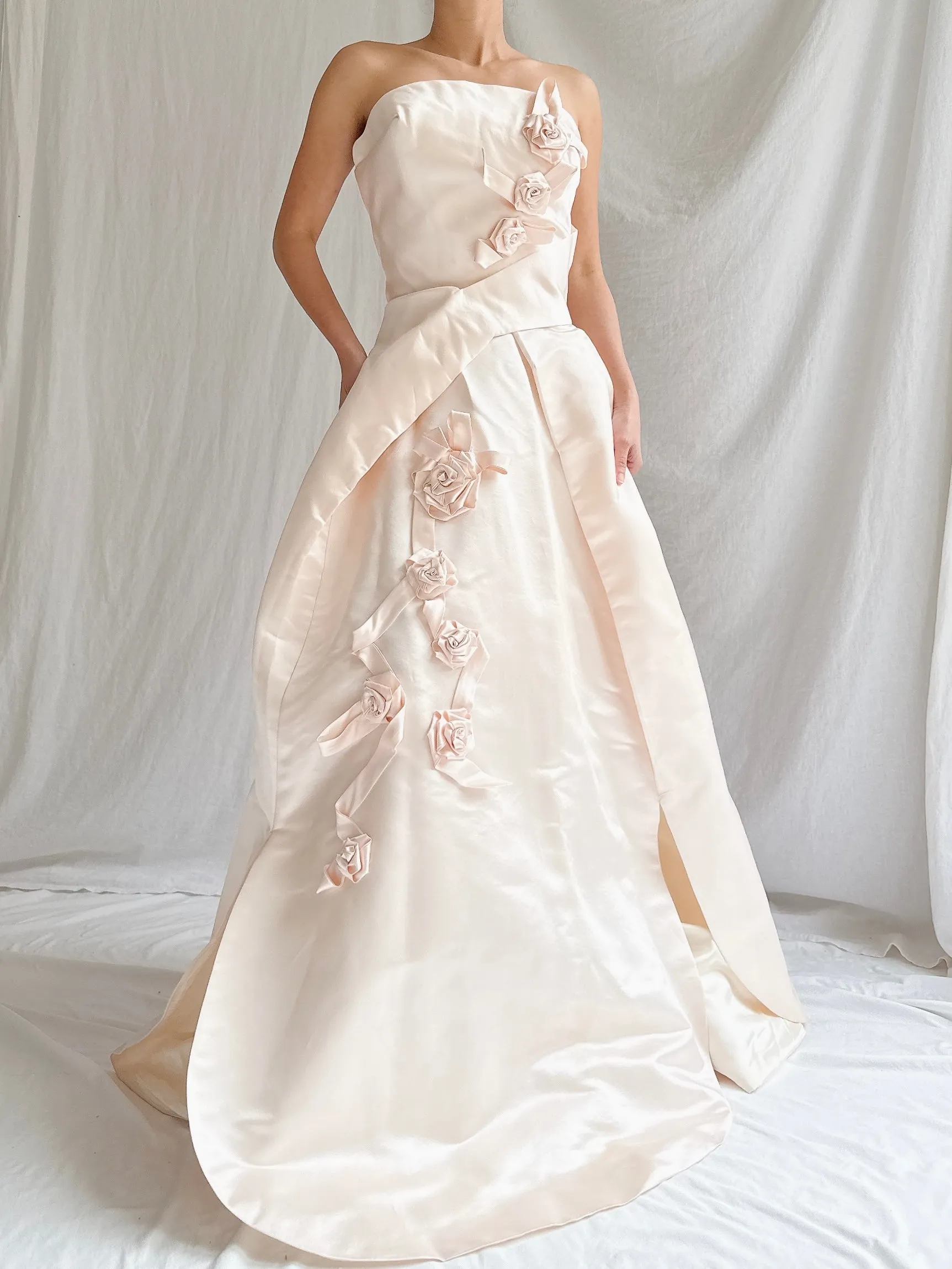 Vintage Shell Pink Silk Duchesse Satin Strapless Gown - S/4/6