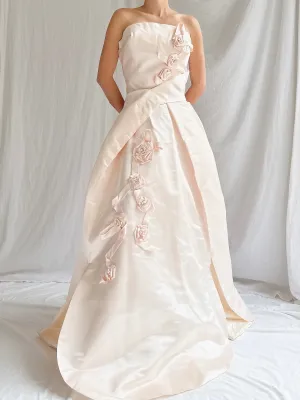 Vintage Shell Pink Silk Duchesse Satin Strapless Gown - S/4/6