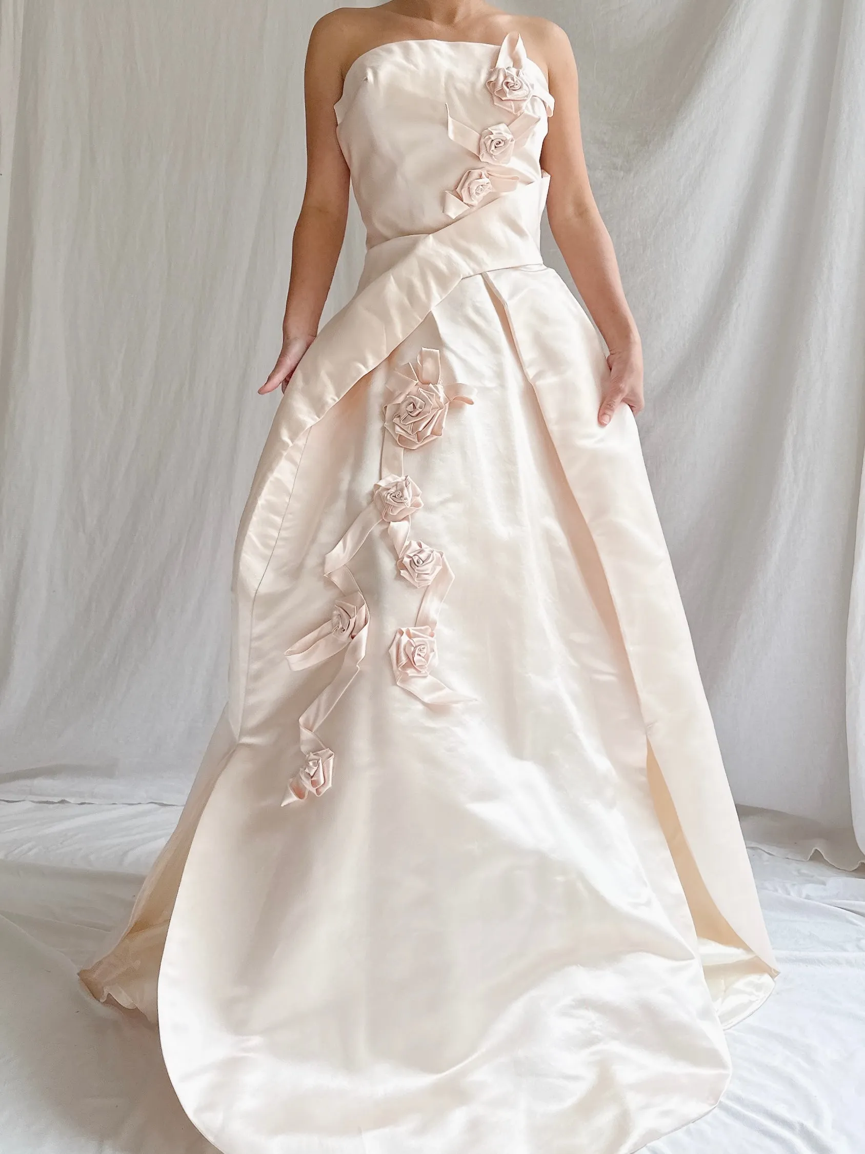 Vintage Shell Pink Silk Duchesse Satin Strapless Gown - S/4/6