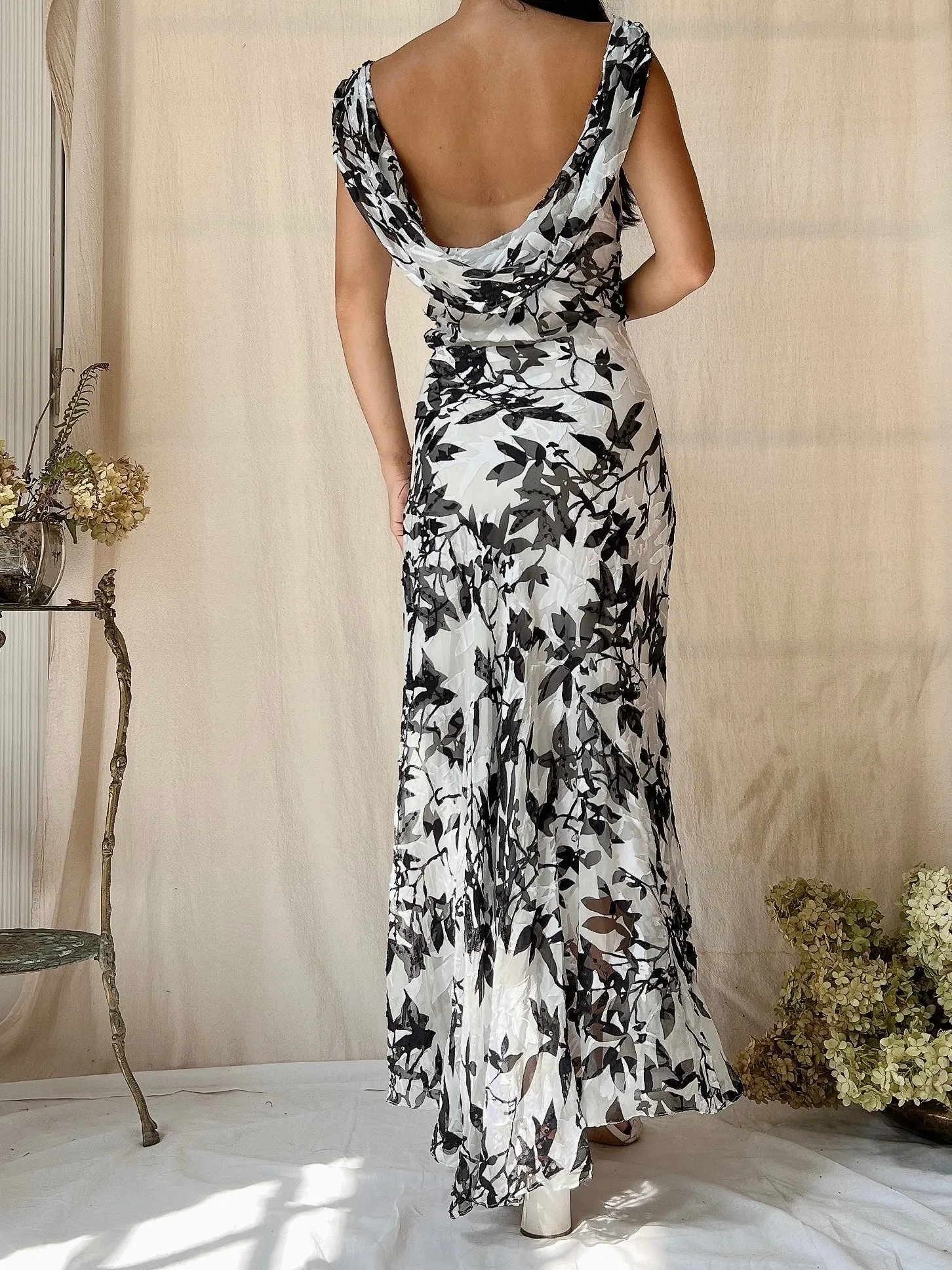 Vintage Silk Black and White Cowl Dress - L