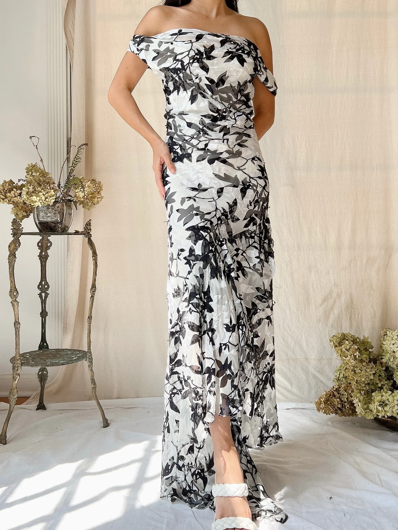 Vintage Silk Black and White Cowl Dress - L