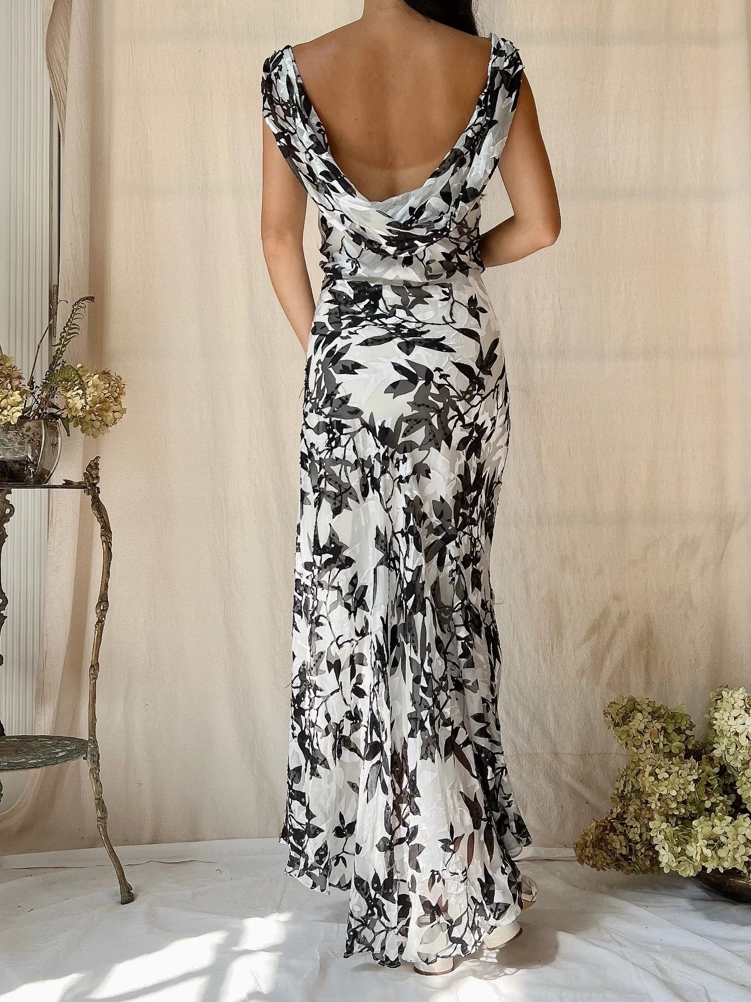 Vintage Silk Black and White Cowl Dress - L
