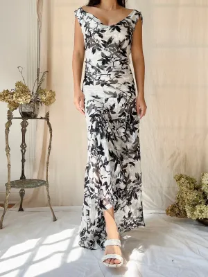 Vintage Silk Black and White Cowl Dress - L