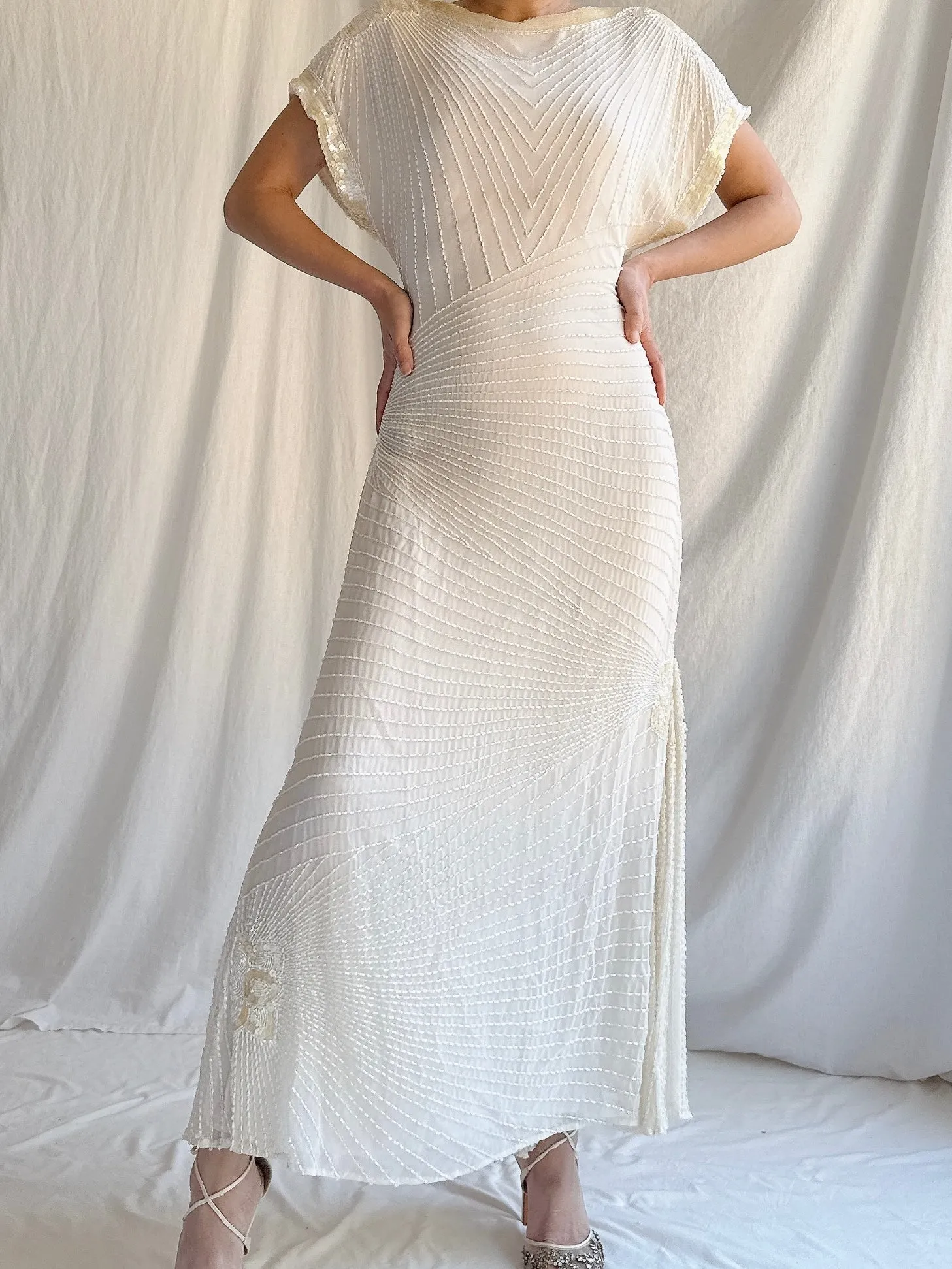 Vintage Silk Chiffon Beaded Dress - S