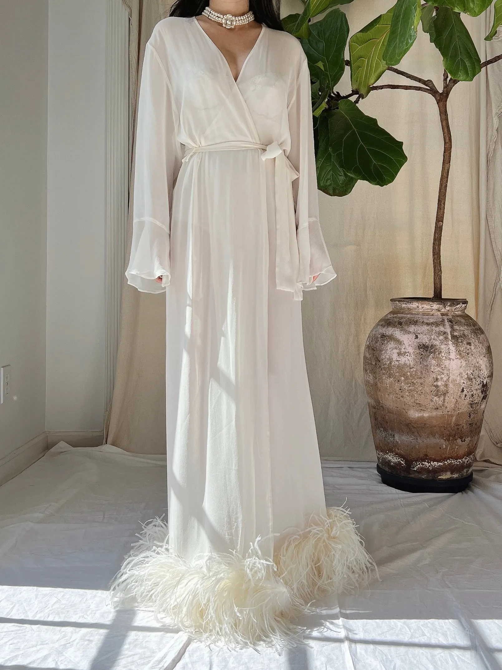 Vintage Silk Feathered Robe - M