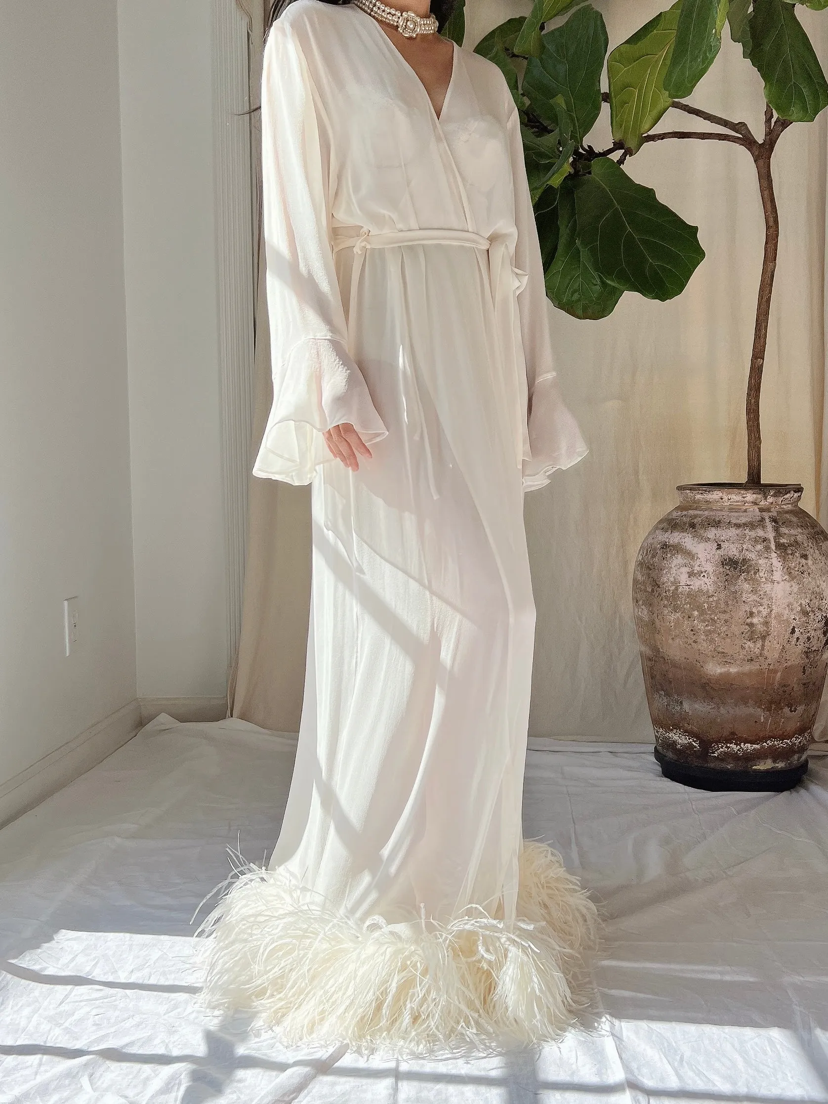 Vintage Silk Feathered Robe - M
