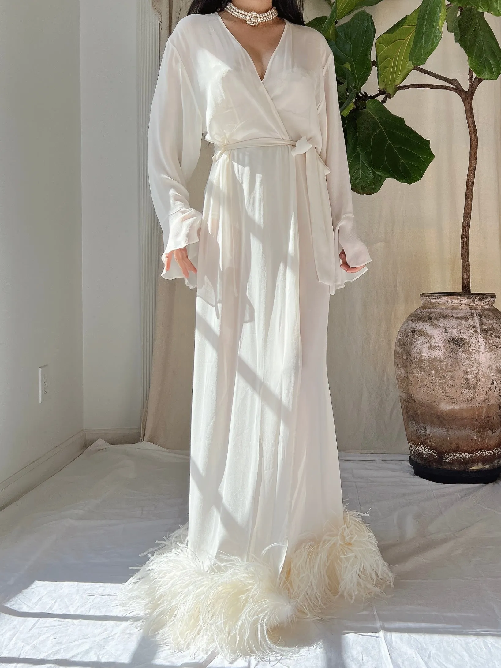Vintage Silk Feathered Robe - M