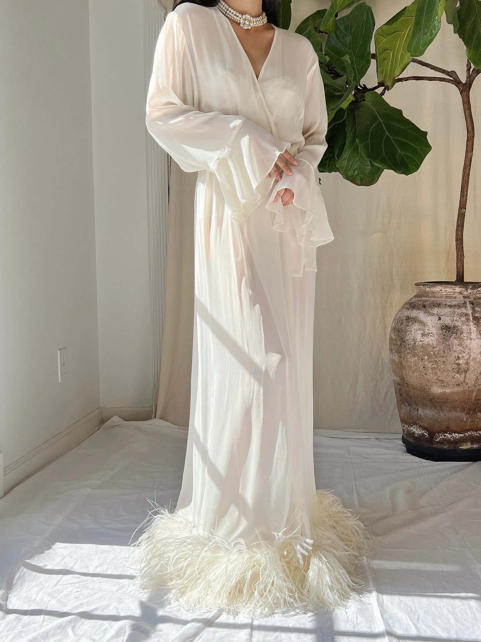 Vintage Silk Feathered Robe - M