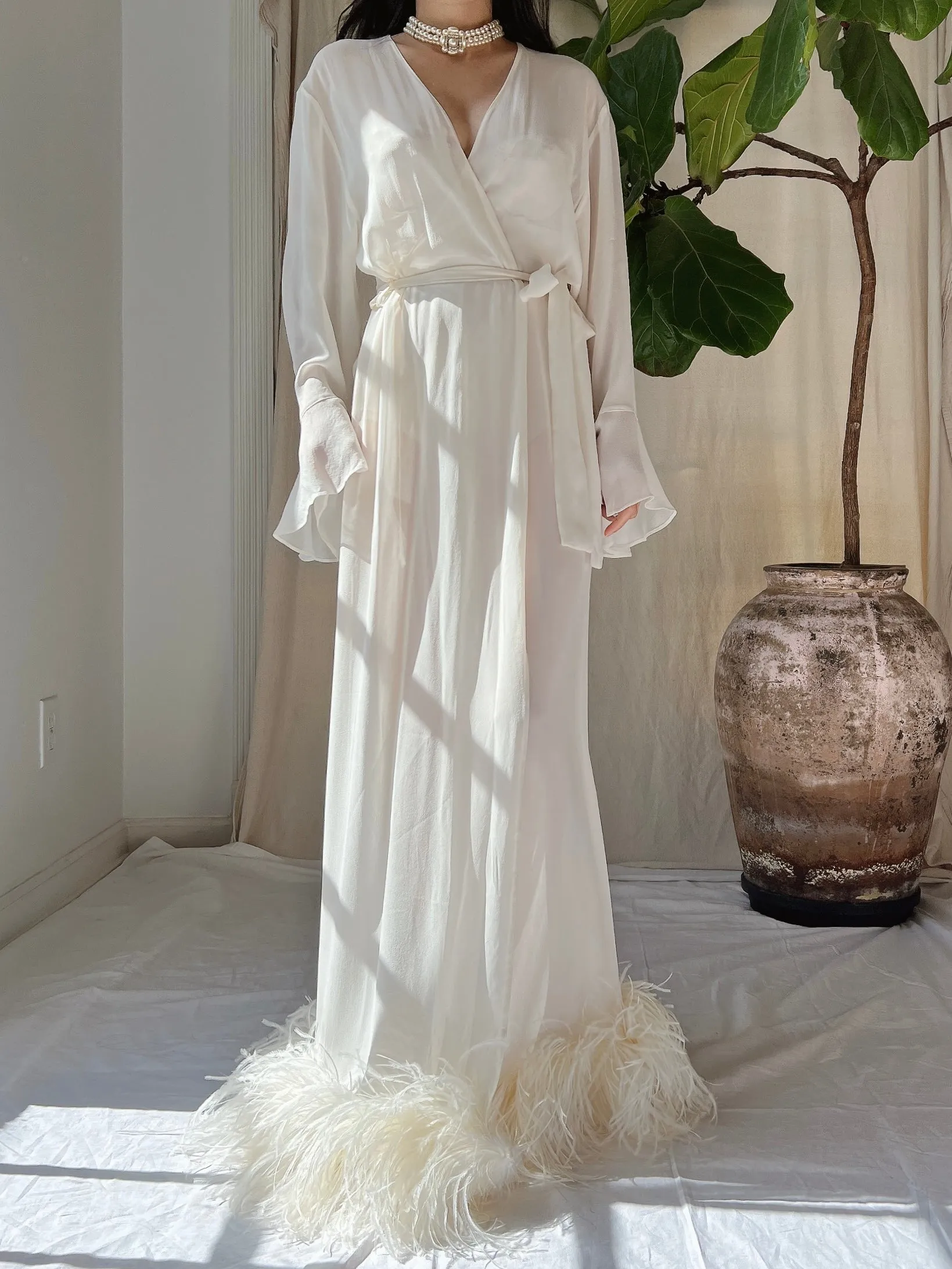 Vintage Silk Feathered Robe - M