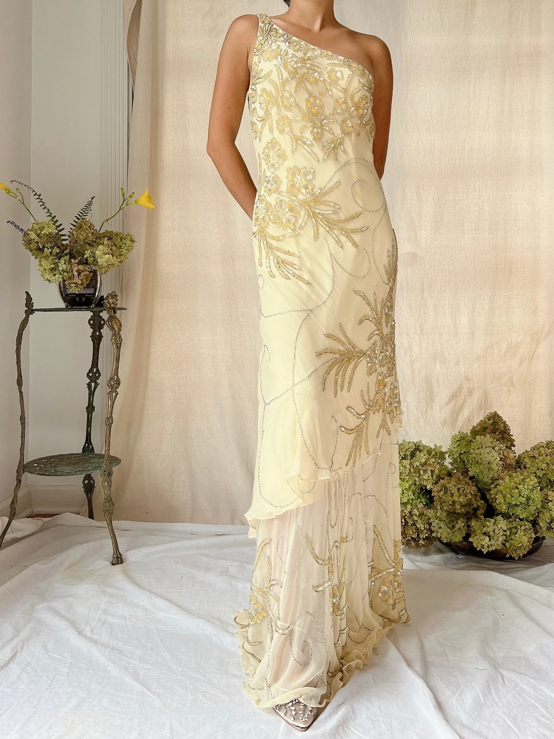 Vintage Silk One Shoulder Beaded Tiered Gown - S
