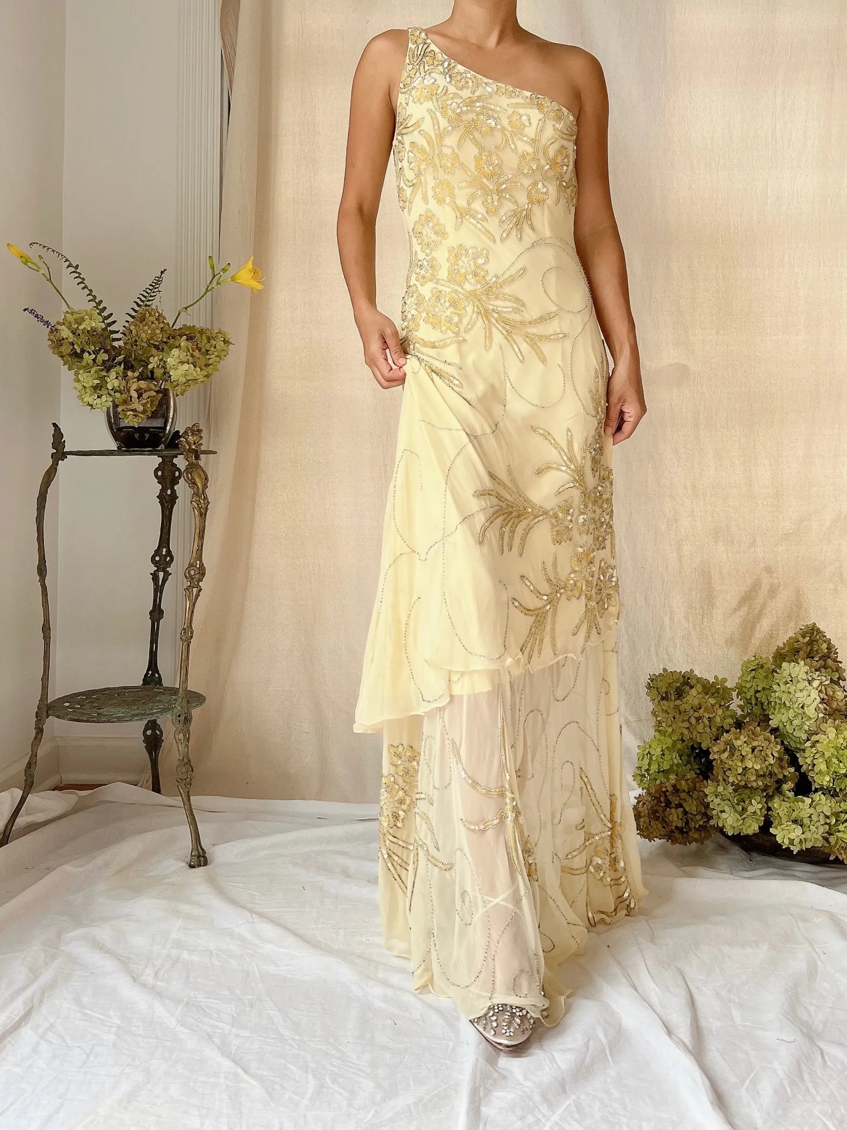 Vintage Silk One Shoulder Beaded Tiered Gown - S