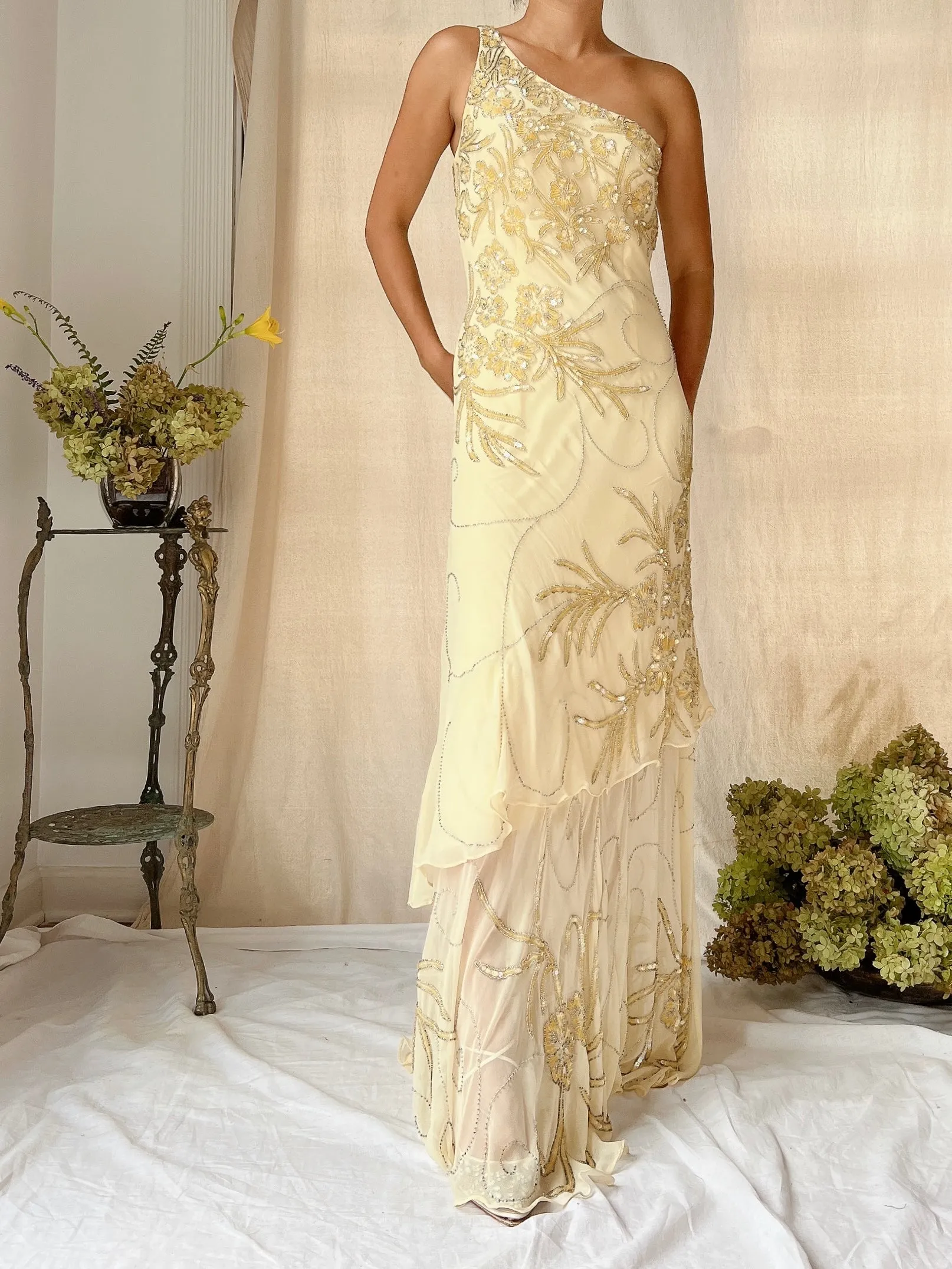Vintage Silk One Shoulder Beaded Tiered Gown - S
