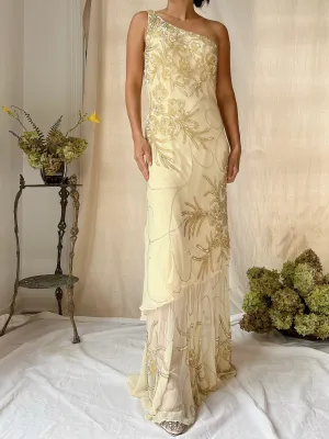 Vintage Silk One Shoulder Beaded Tiered Gown - S