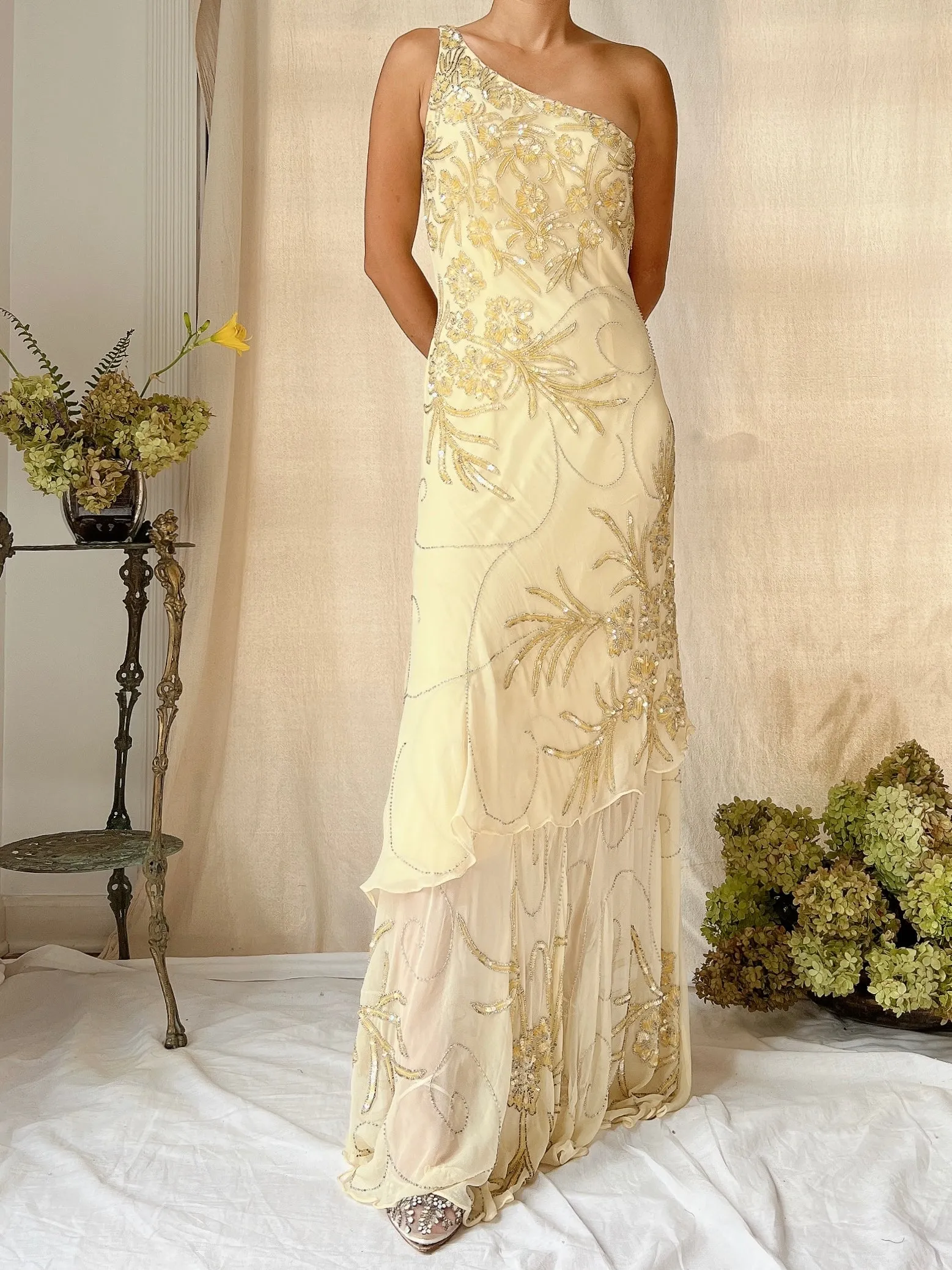 Vintage Silk One Shoulder Beaded Tiered Gown - S