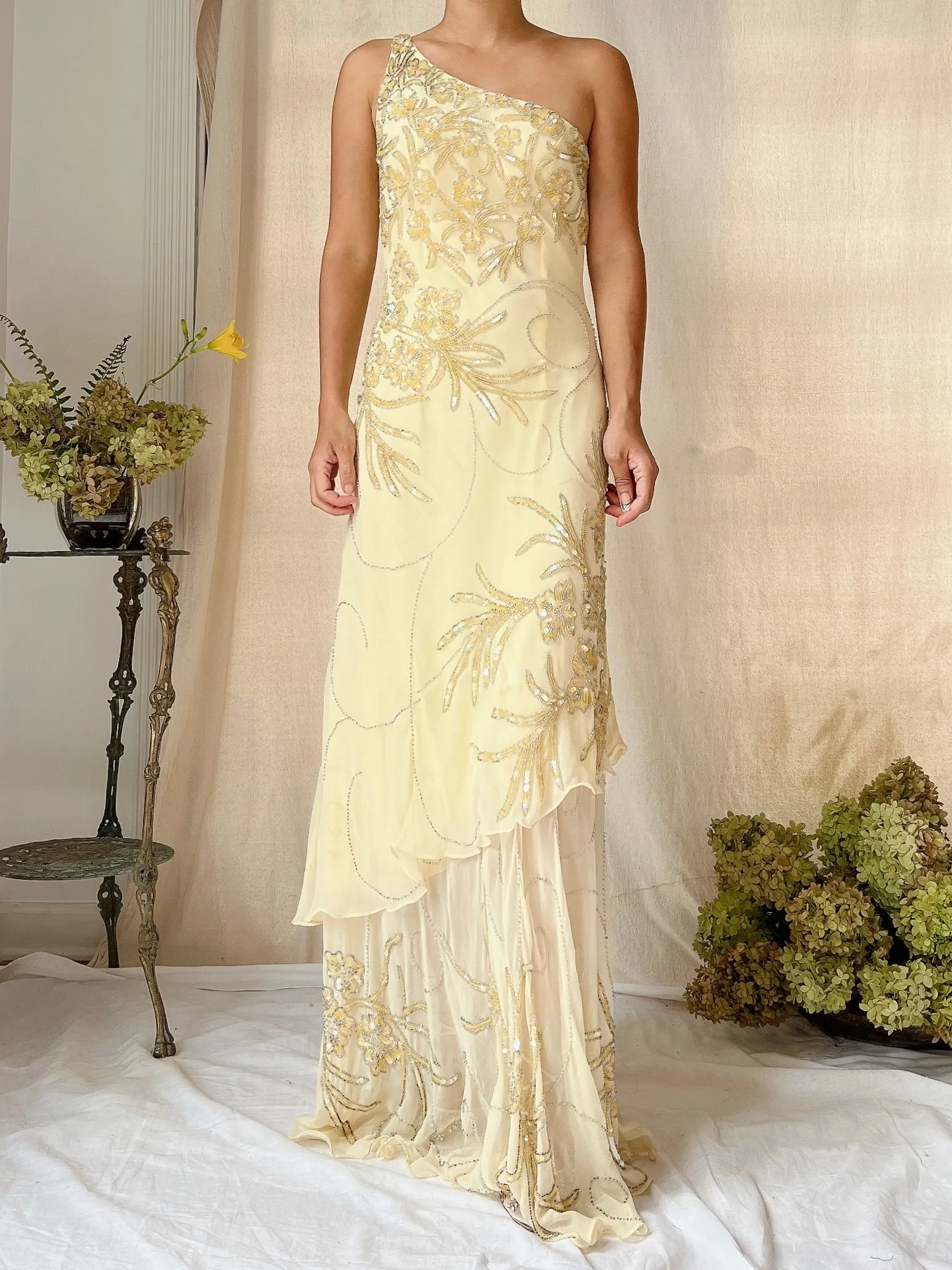 Vintage Silk One Shoulder Beaded Tiered Gown - S