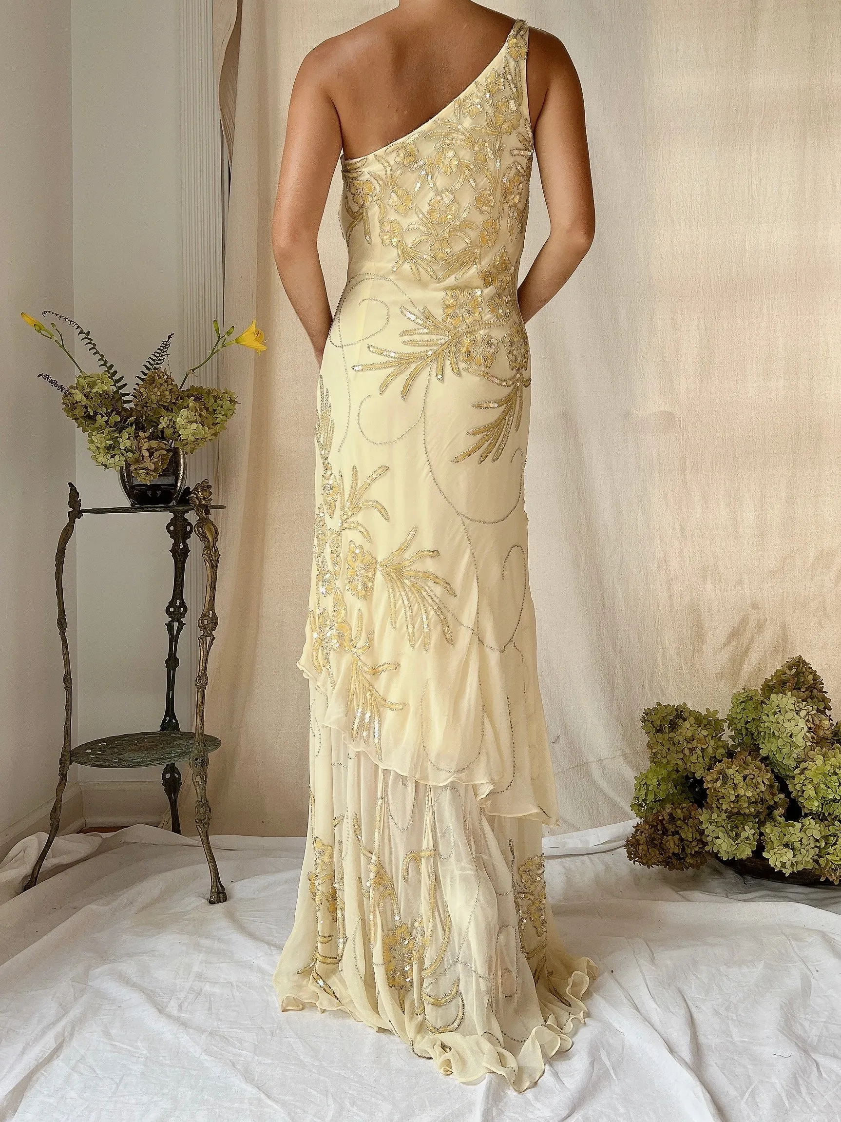 Vintage Silk One Shoulder Beaded Tiered Gown - S