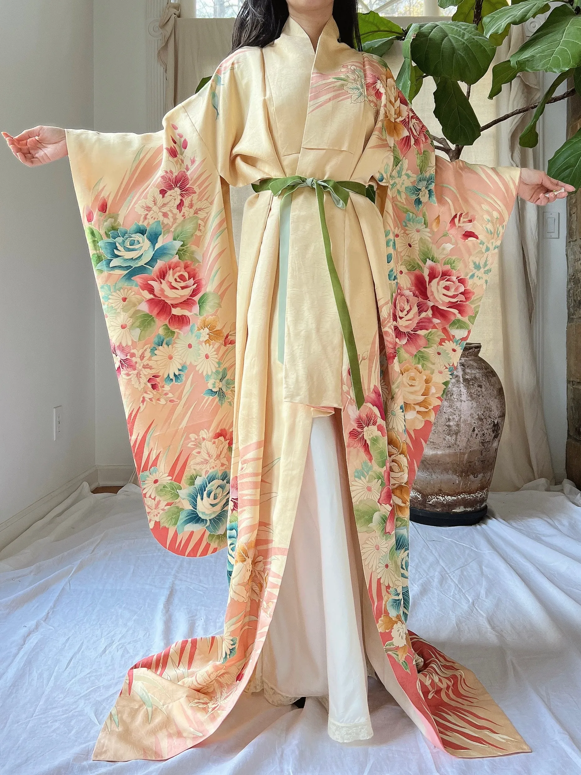 Vintage Silk Painted Rose Kimono - OSFM