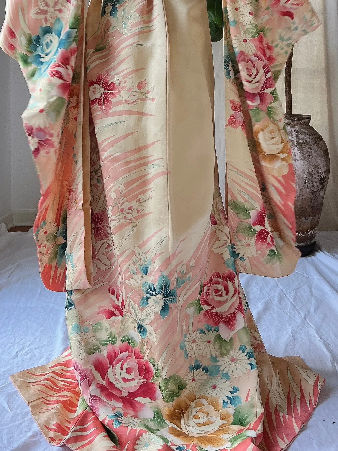 Vintage Silk Painted Rose Kimono - OSFM