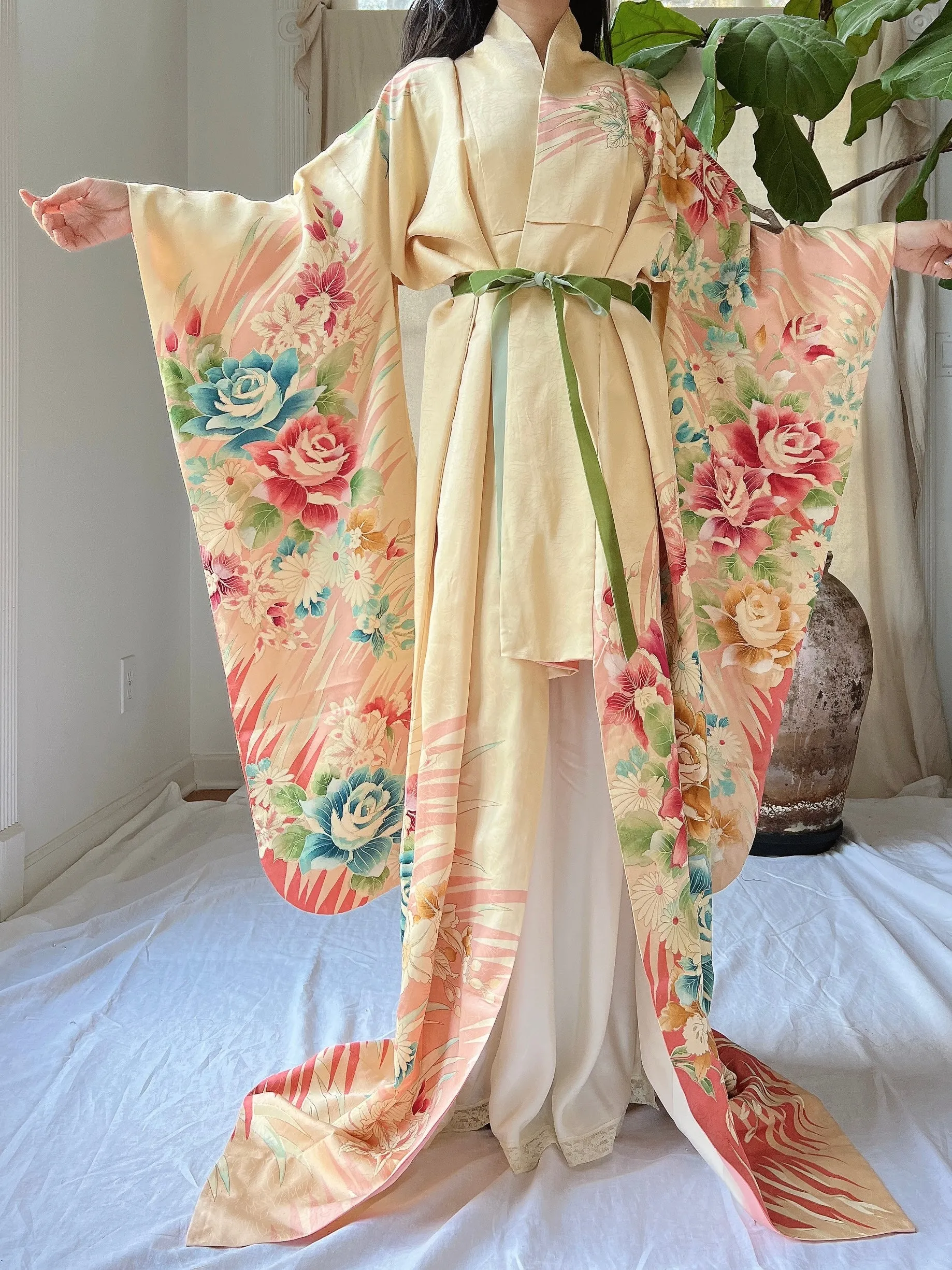 Vintage Silk Painted Rose Kimono - OSFM