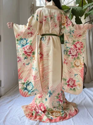 Vintage Silk Painted Rose Kimono - OSFM