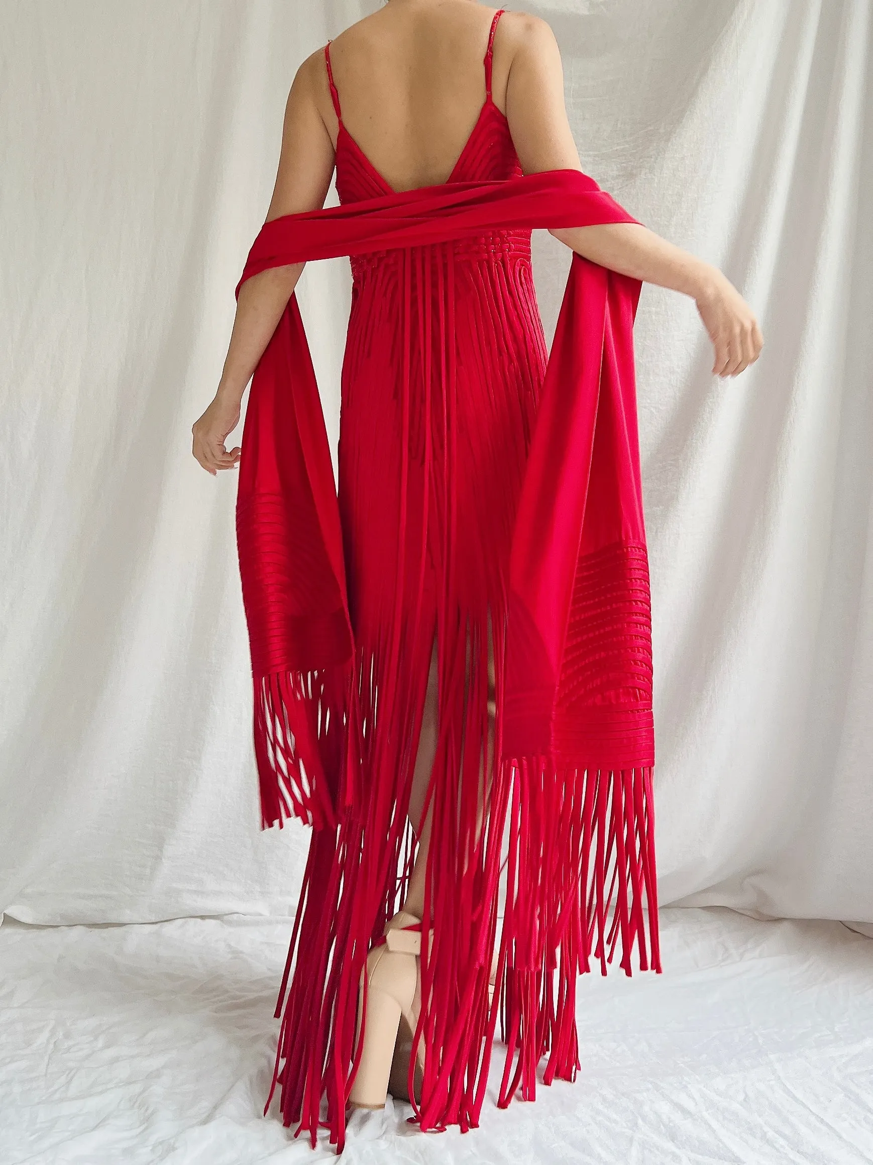 Vintage Sue Wong Silk Fringed Gown with Scarf - M