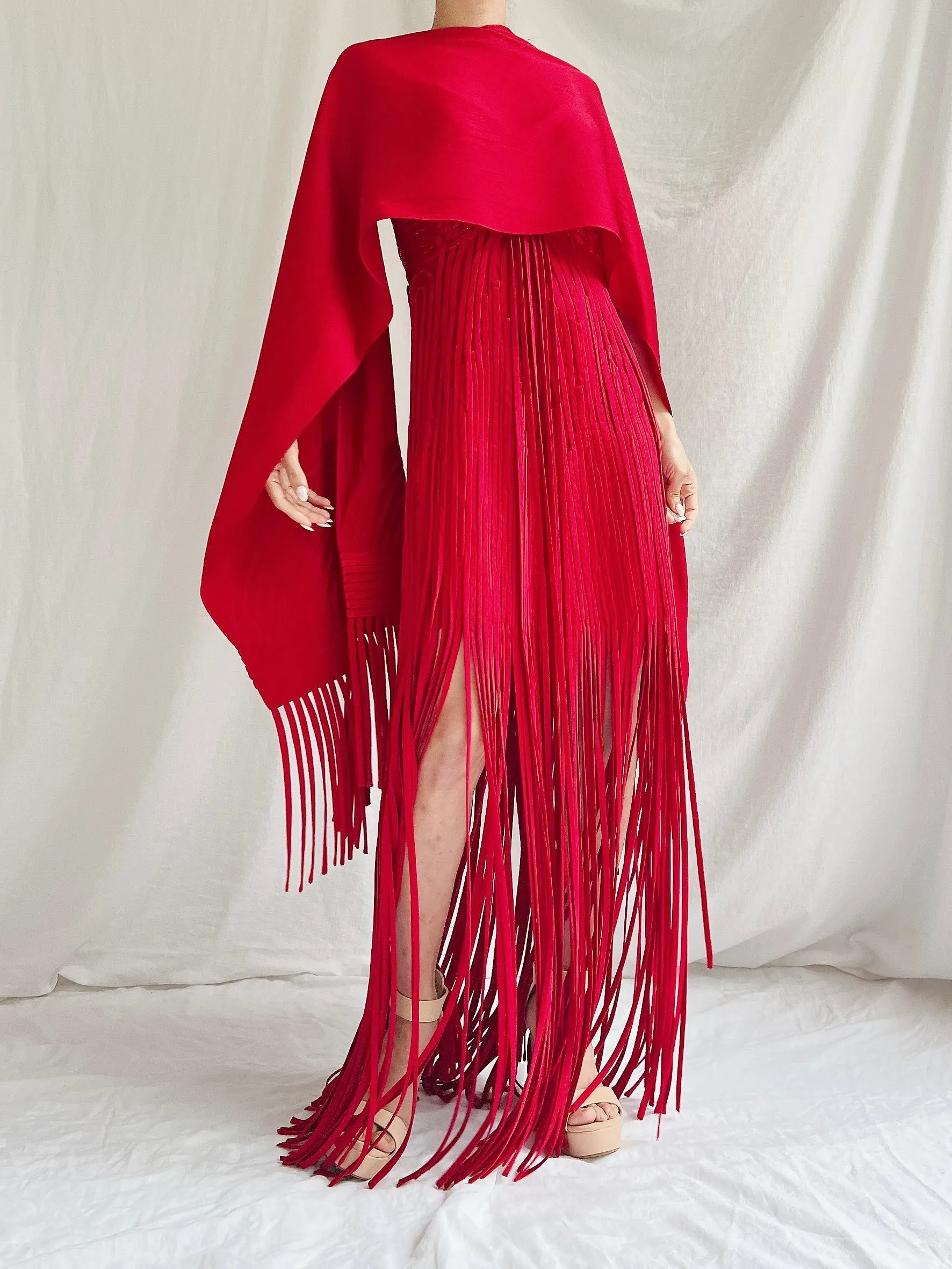 Vintage Sue Wong Silk Fringed Gown with Scarf - M