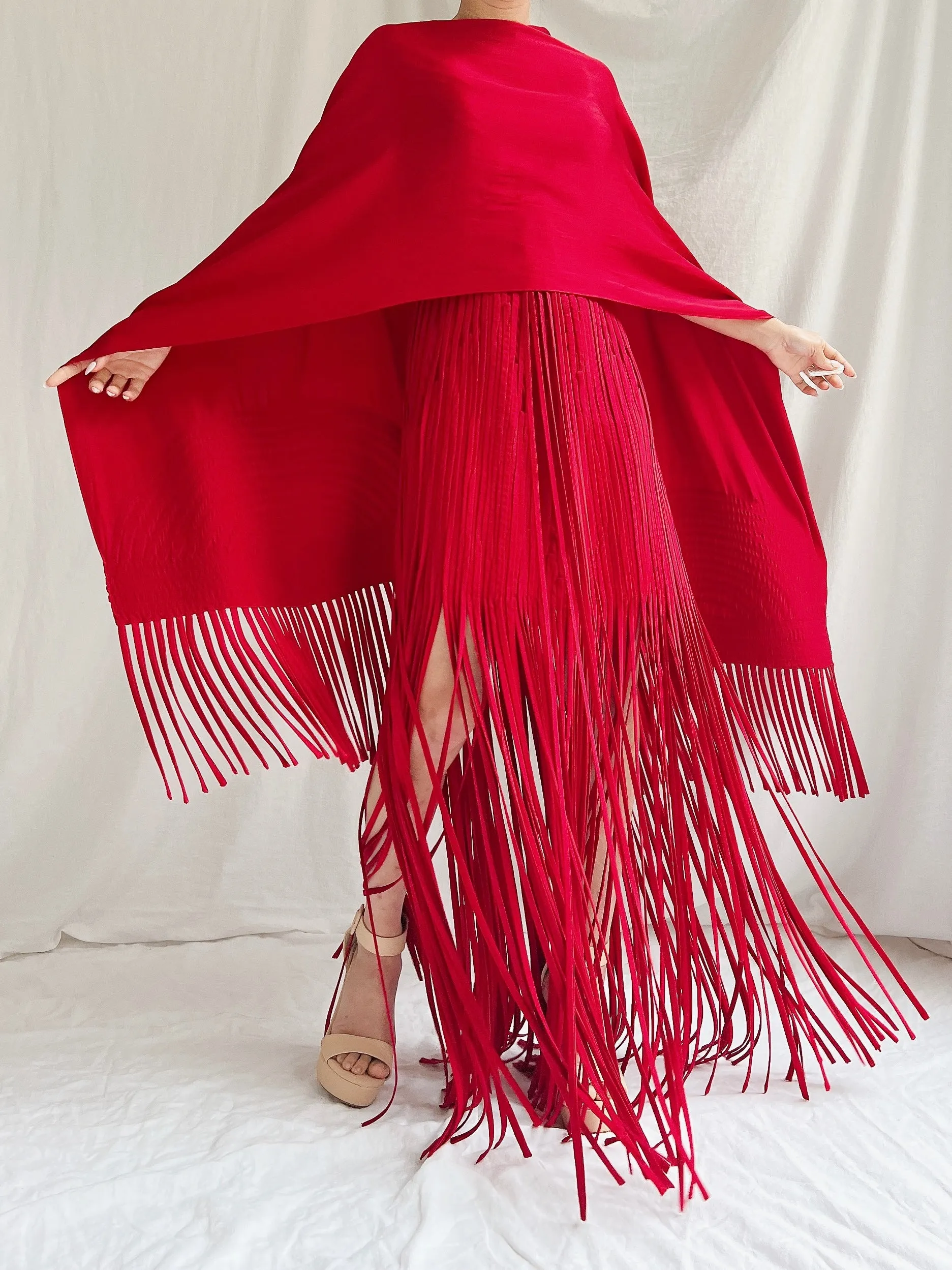 Vintage Sue Wong Silk Fringed Gown with Scarf - M