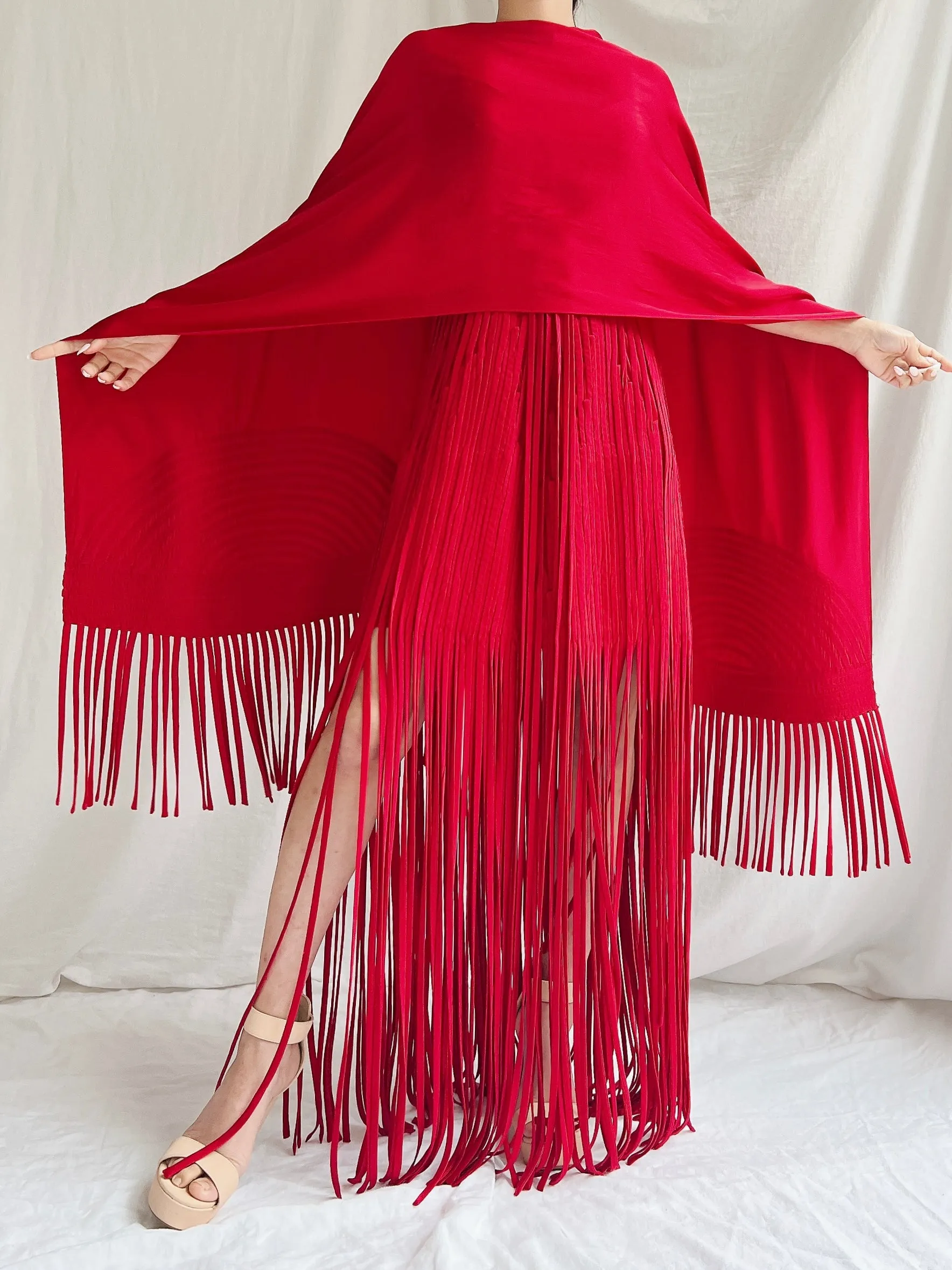 Vintage Sue Wong Silk Fringed Gown with Scarf - M