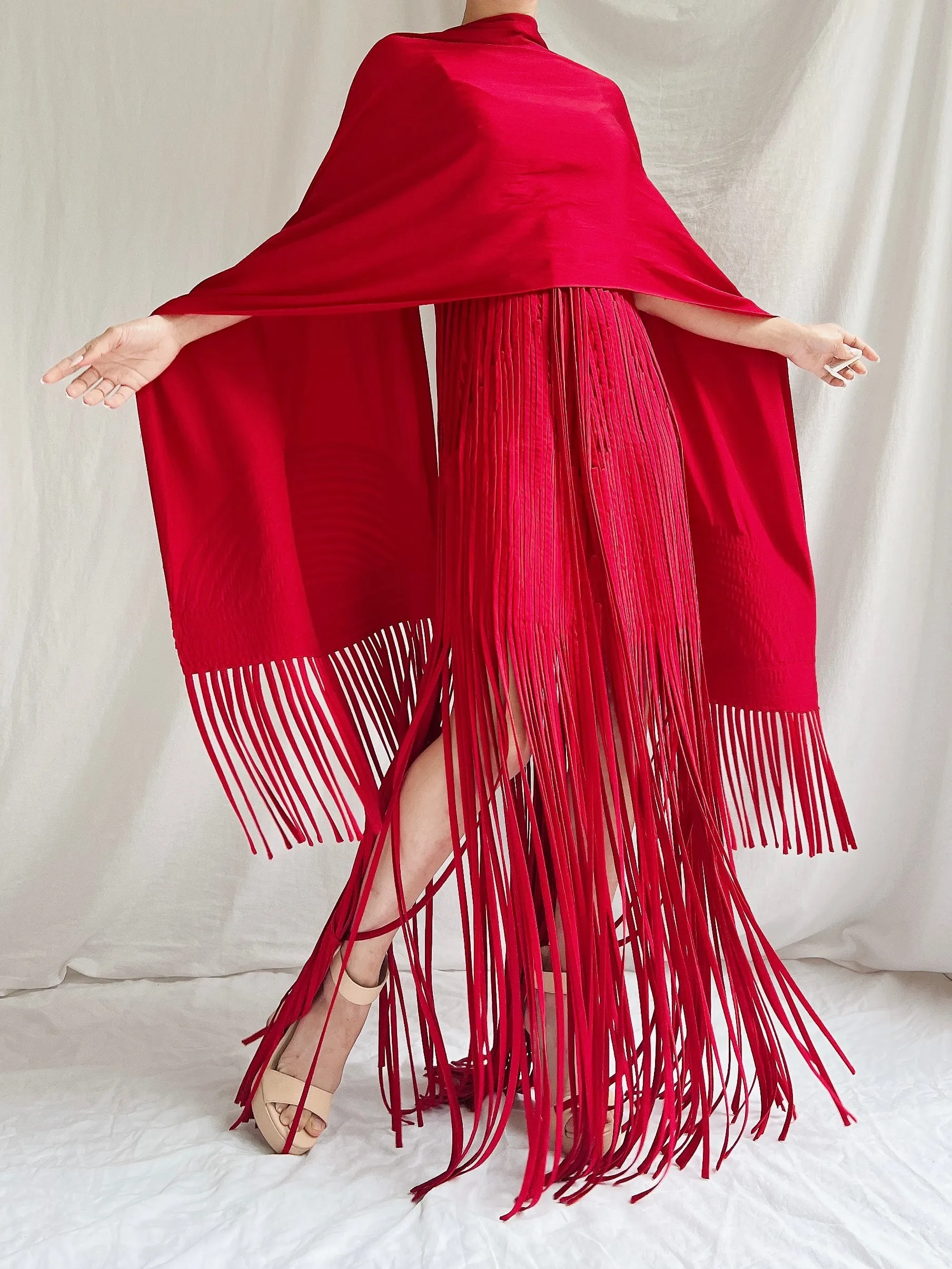 Vintage Sue Wong Silk Fringed Gown with Scarf - M