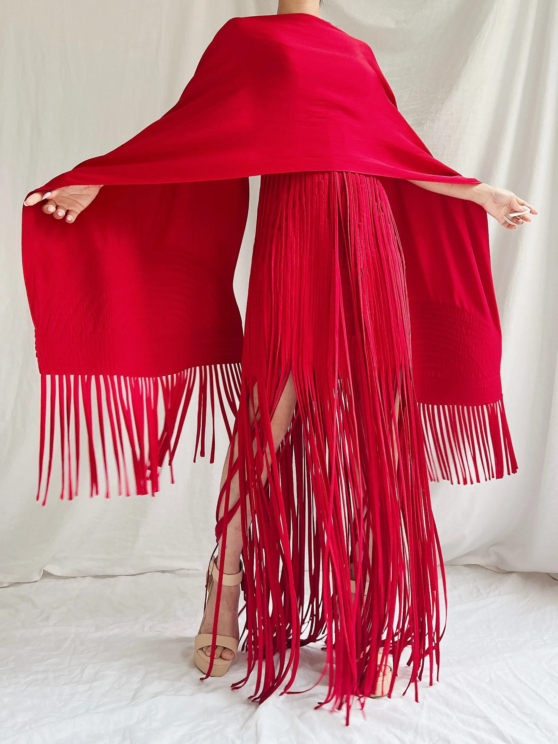 Vintage Sue Wong Silk Fringed Gown with Scarf - M