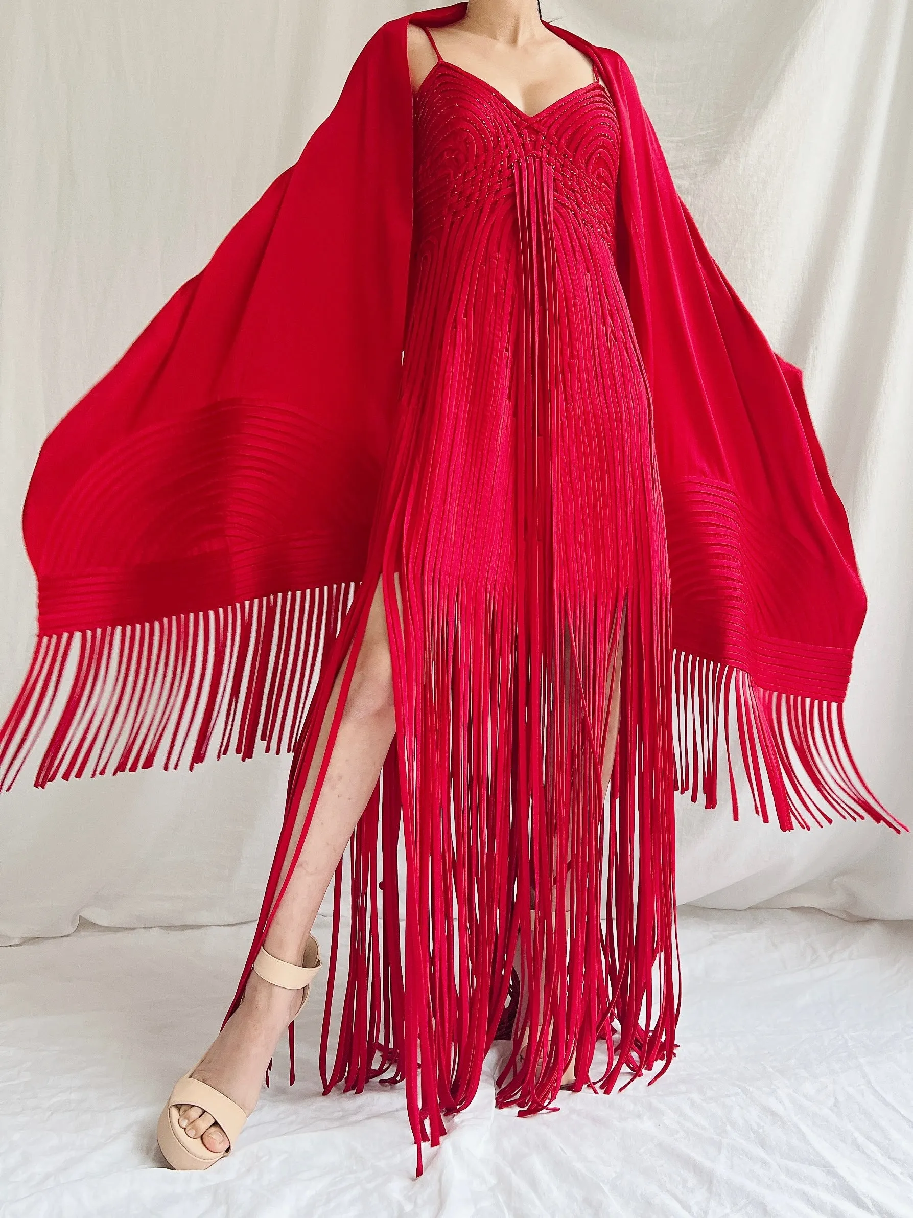 Vintage Sue Wong Silk Fringed Gown with Scarf - M