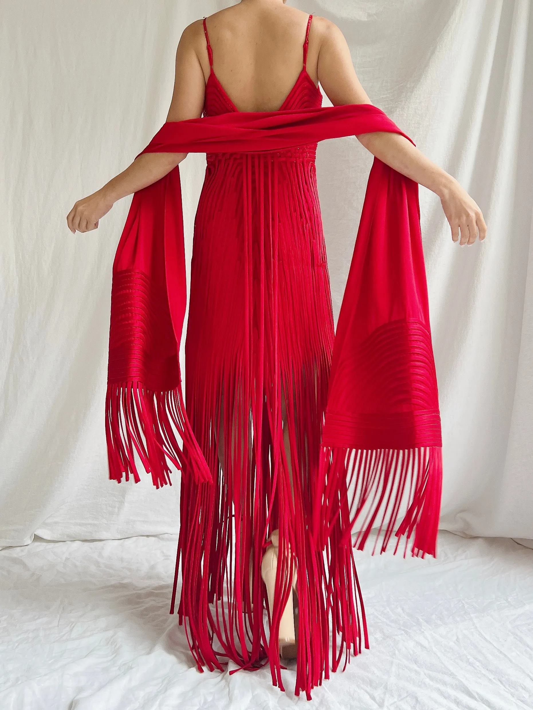 Vintage Sue Wong Silk Fringed Gown with Scarf - M