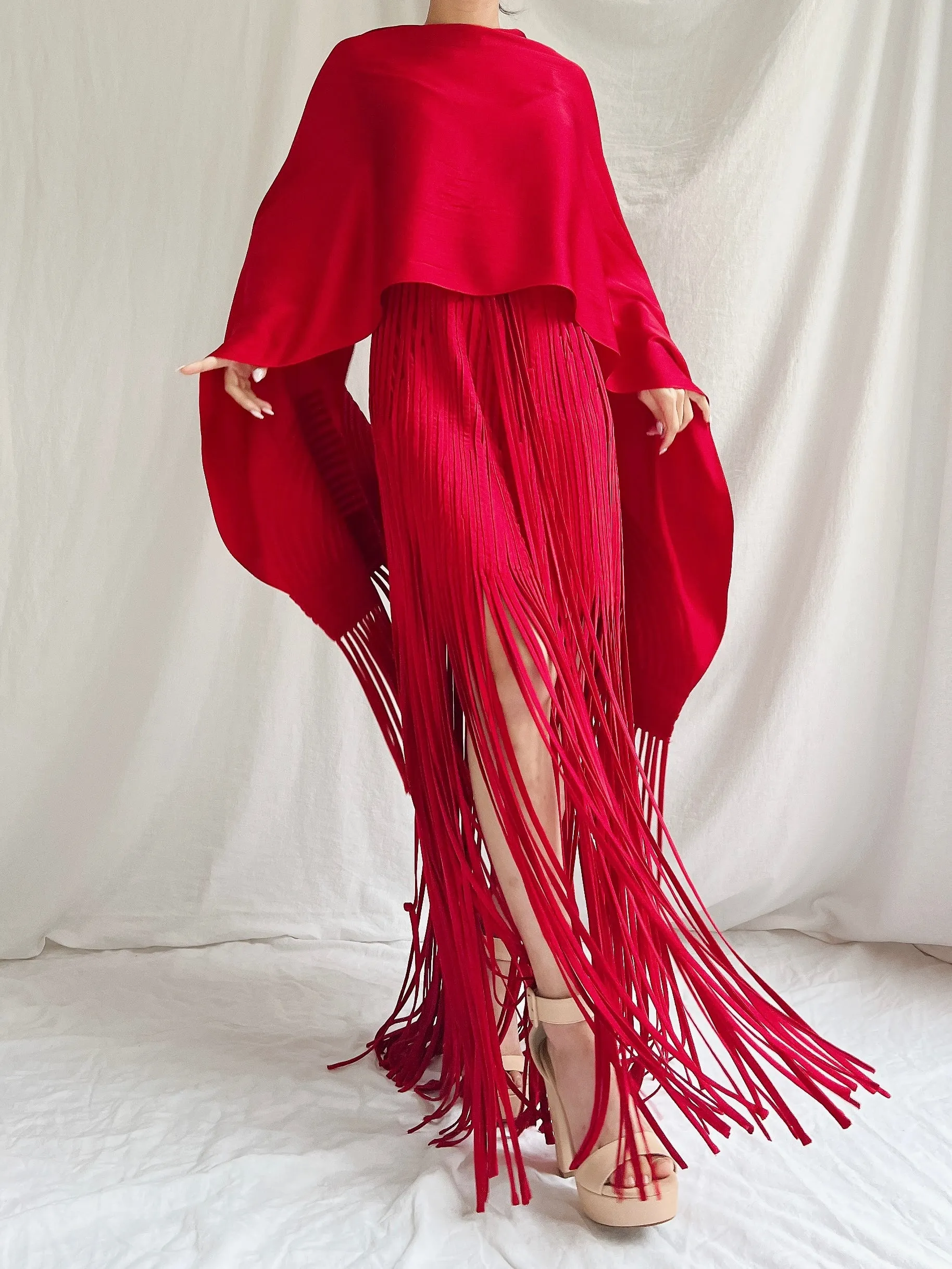 Vintage Sue Wong Silk Fringed Gown with Scarf - M