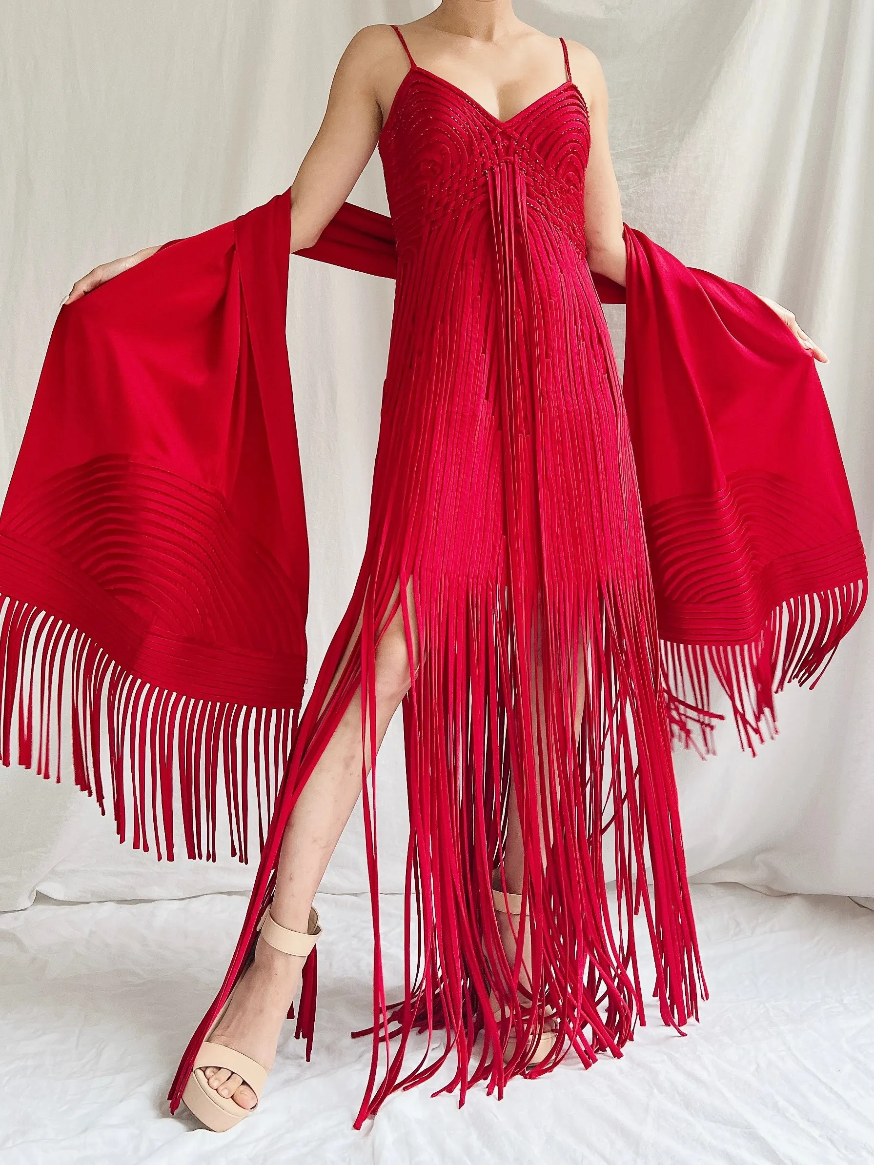 Vintage Sue Wong Silk Fringed Gown with Scarf - M