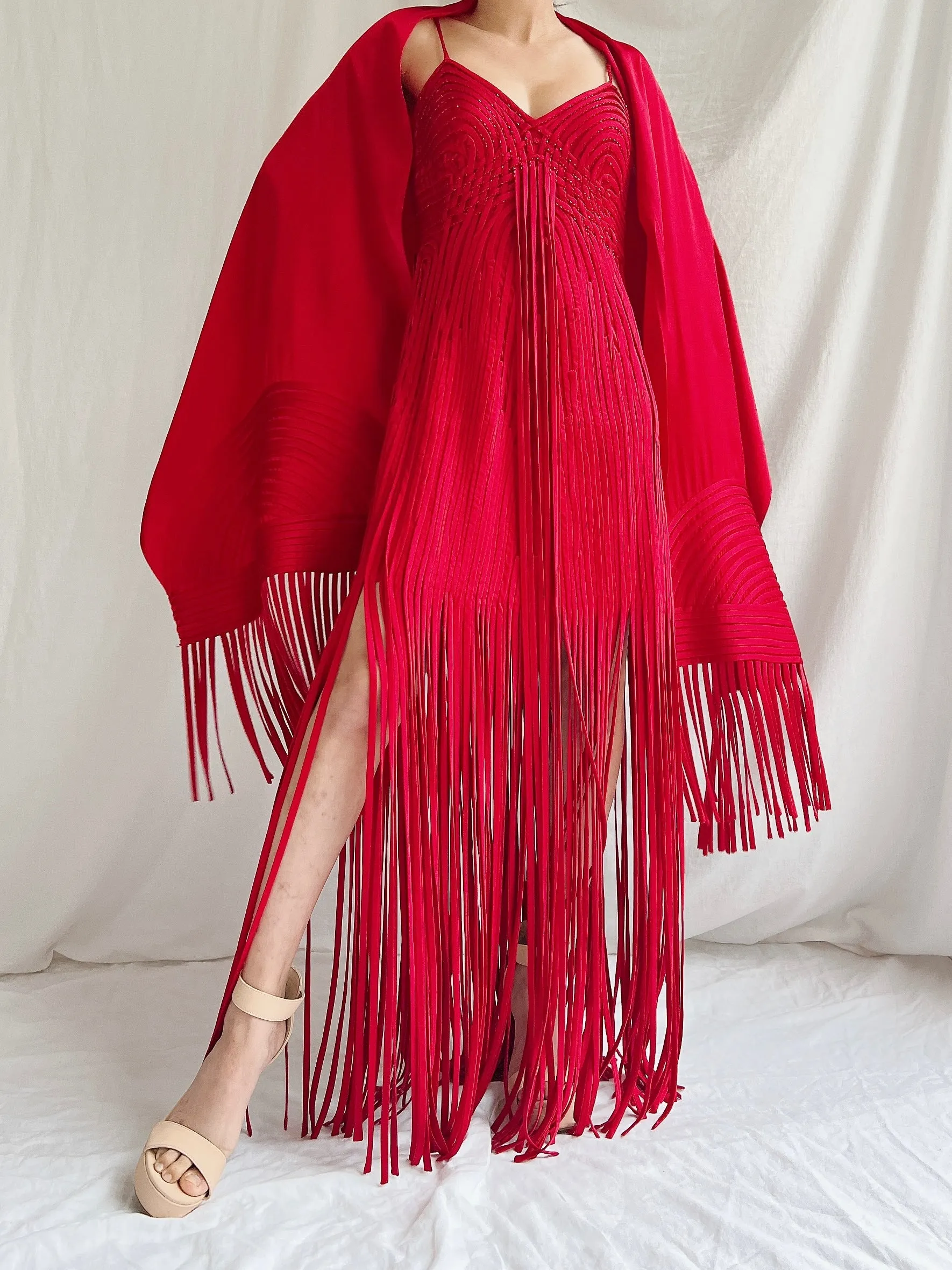 Vintage Sue Wong Silk Fringed Gown with Scarf - M