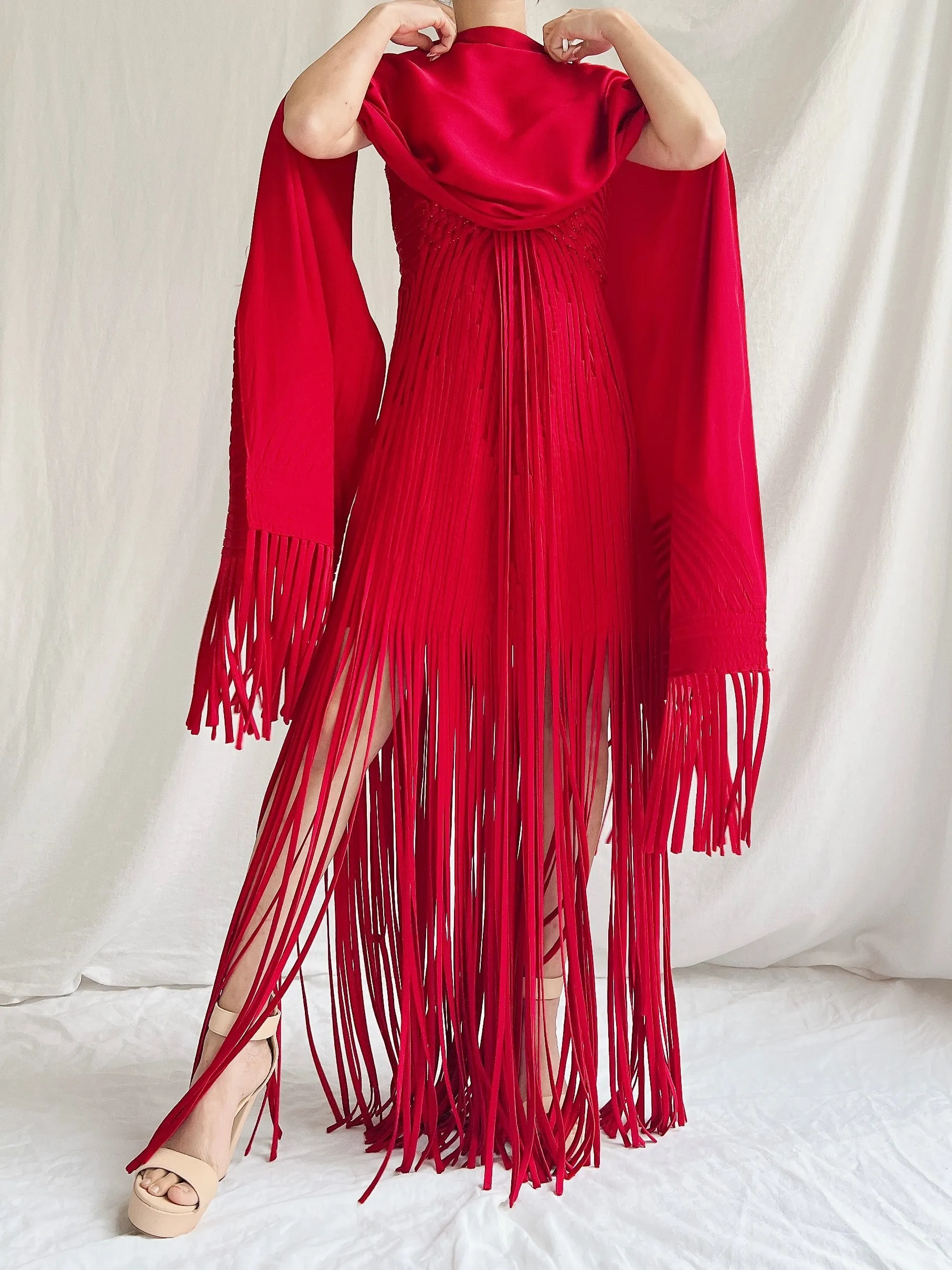 Vintage Sue Wong Silk Fringed Gown with Scarf - M