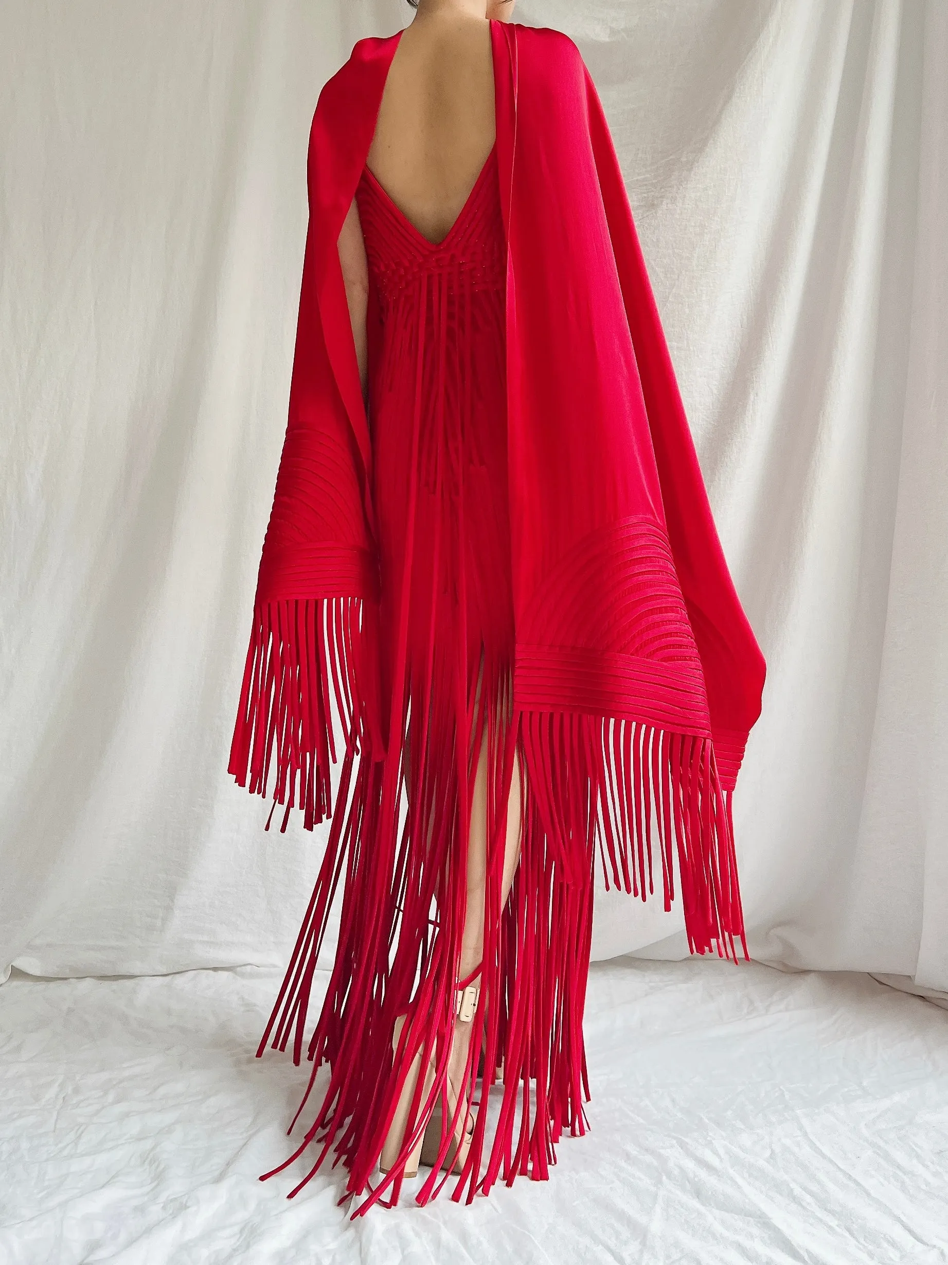 Vintage Sue Wong Silk Fringed Gown with Scarf - M
